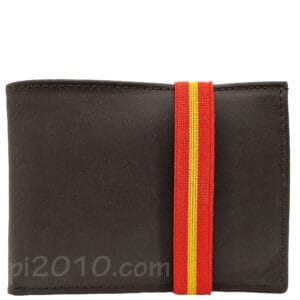 Cartera piel marrón con cierre de elástico de bandera de España. Hecha a mano en España