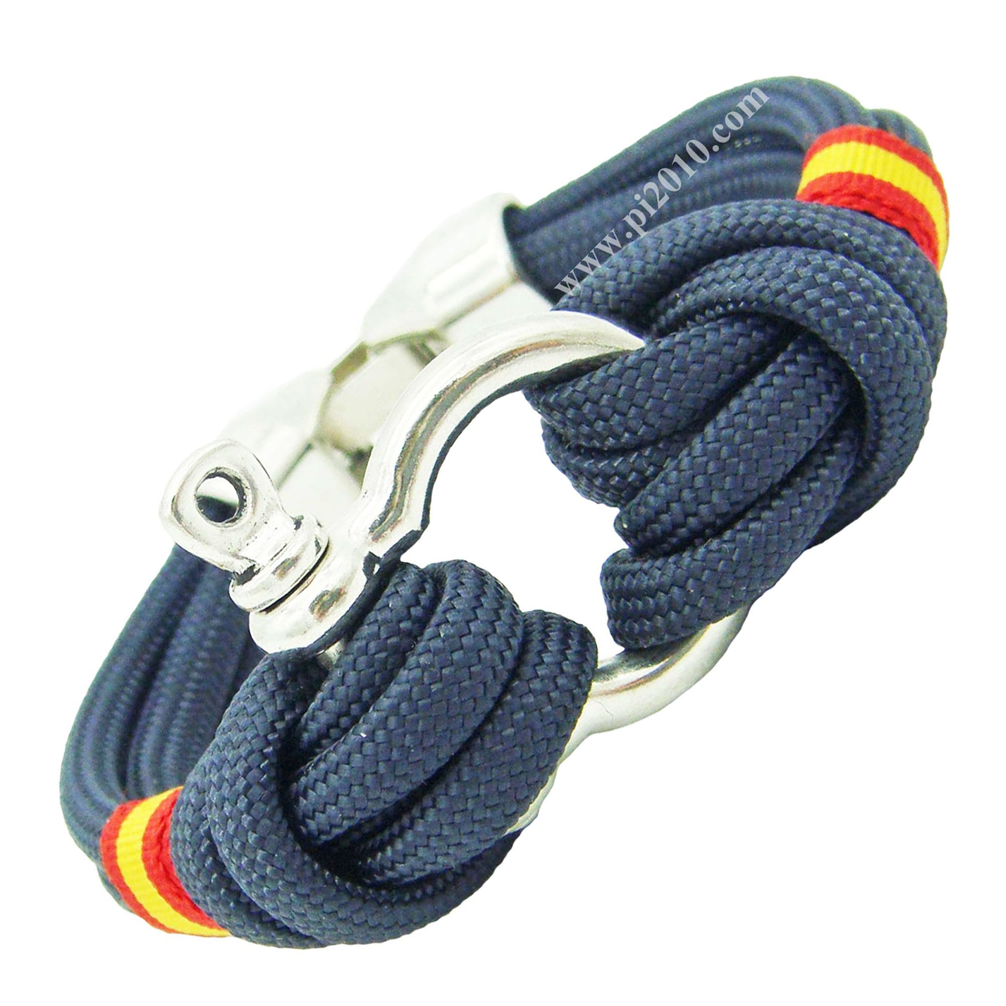 Pulsera náutica cordón doble azul marino con grillete y bandera de España