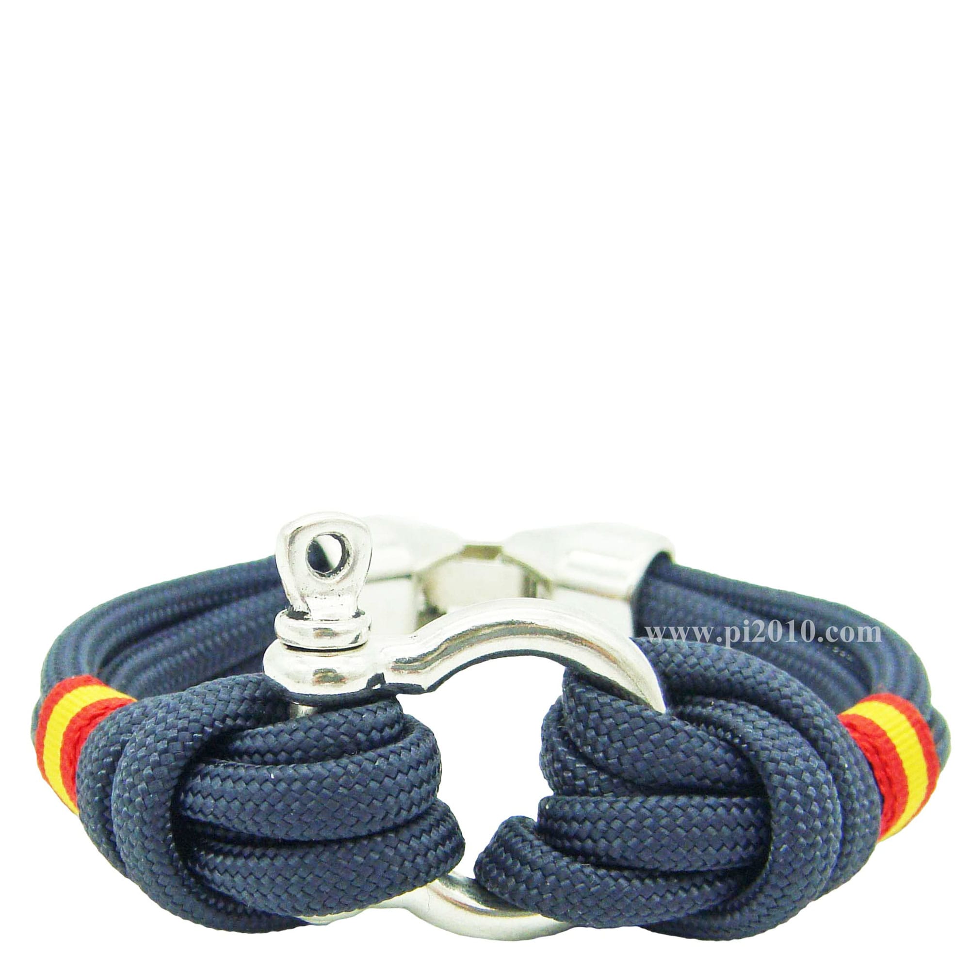 Pulsera náutica cordón doble azul marino con grillete y bandera de España