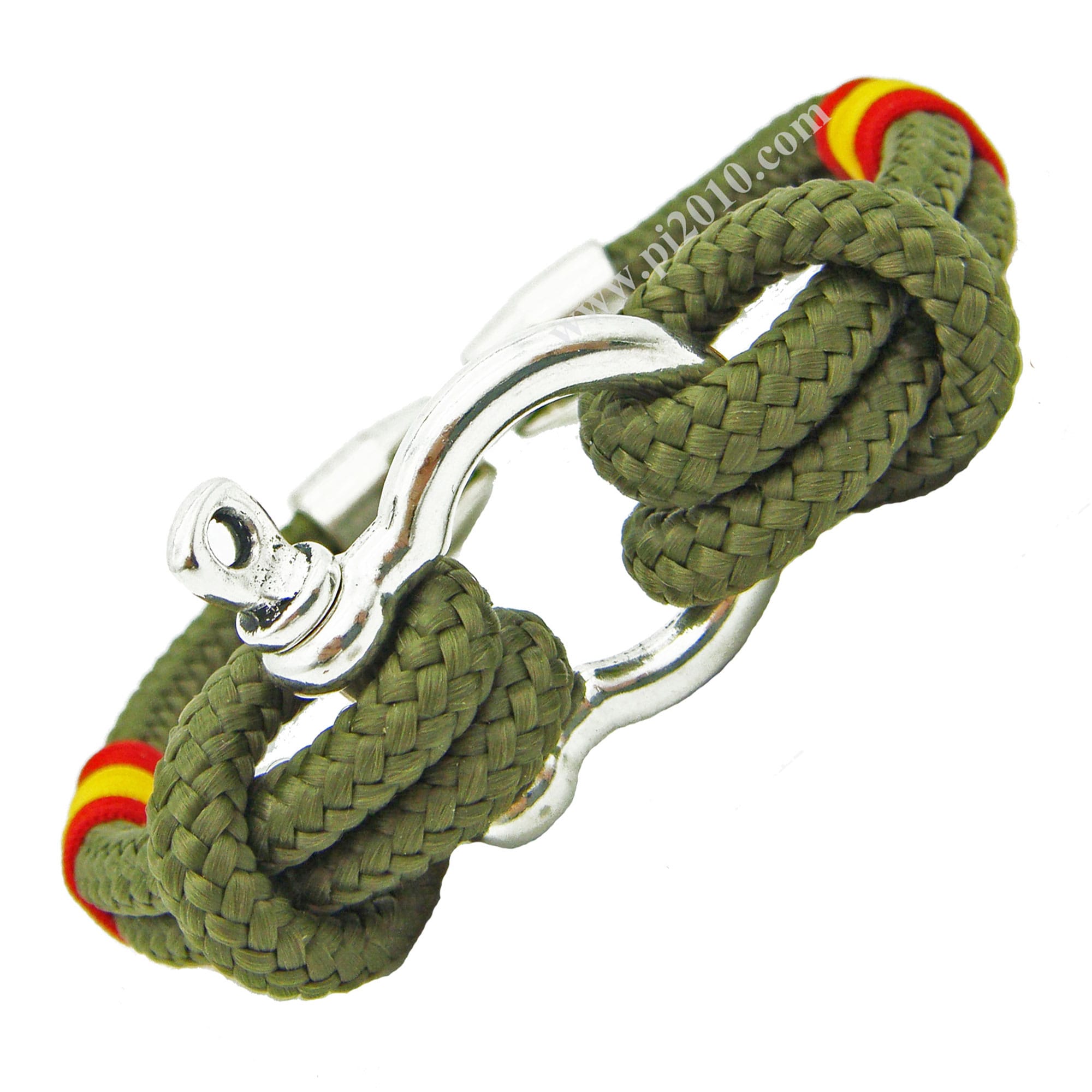 Pulsera náutica verde militar con grillete y bandera de España