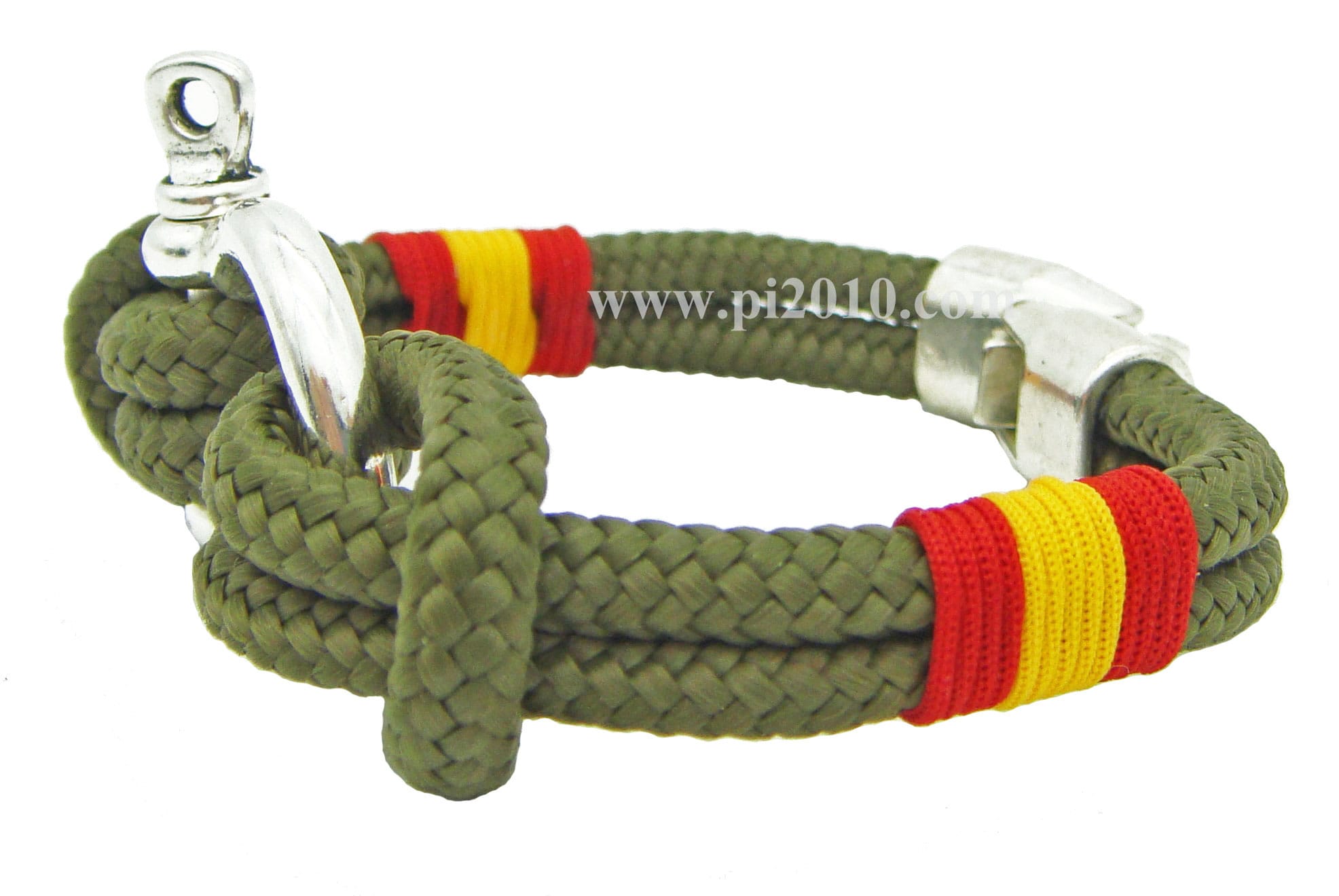 Pulsera náutica verde militar con grillete y bandera de España