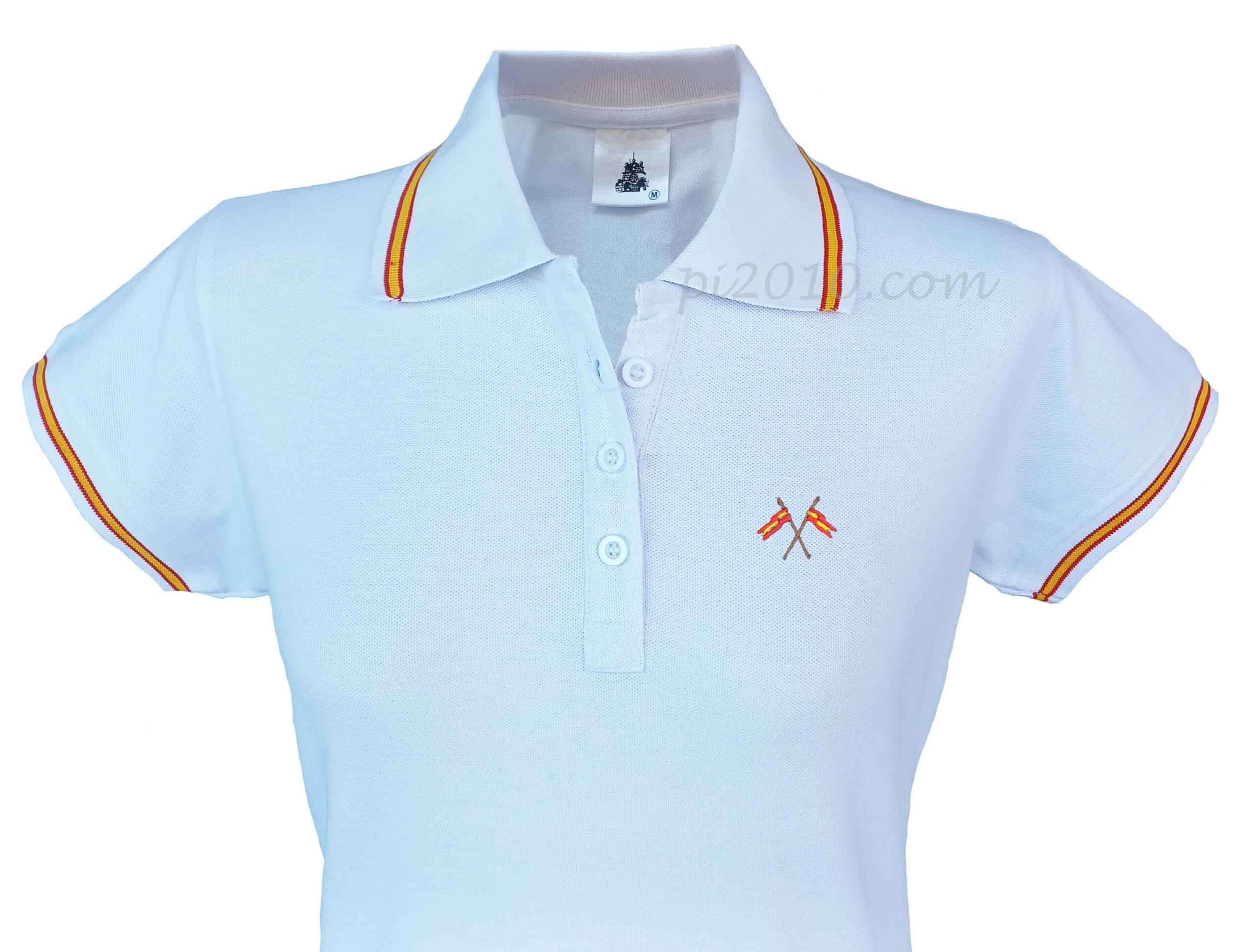 Polo mujer blanco con banderas de España bordadas en pecho. Polo con bandera de España en cuello y mangas