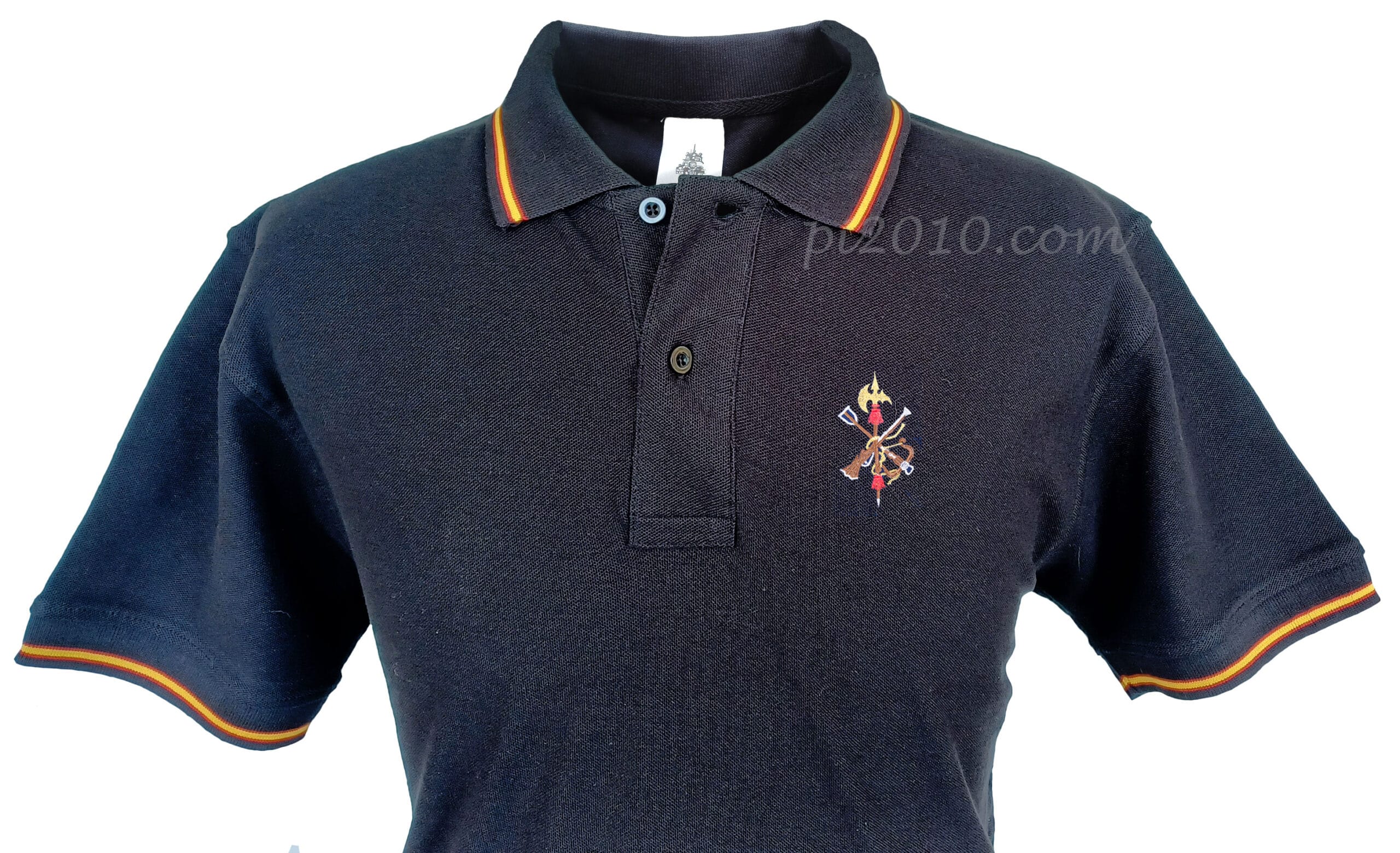 Polo Legión Española negro. Polo con la bandera de España en cuello y mangas