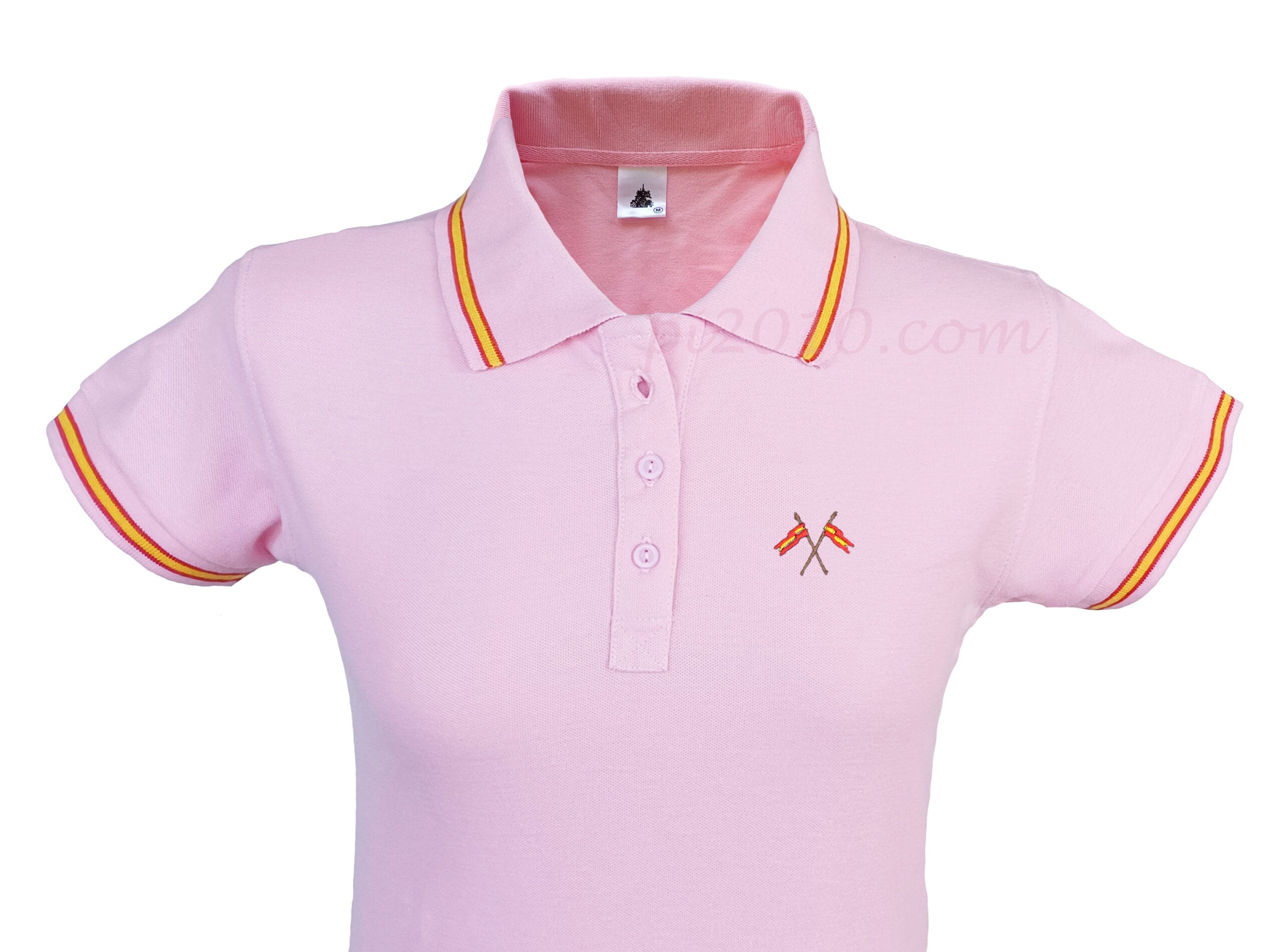 Polo mujer rosa con banderas de España bordadas en pecho. Polo con bandera de España en cuello y mangas