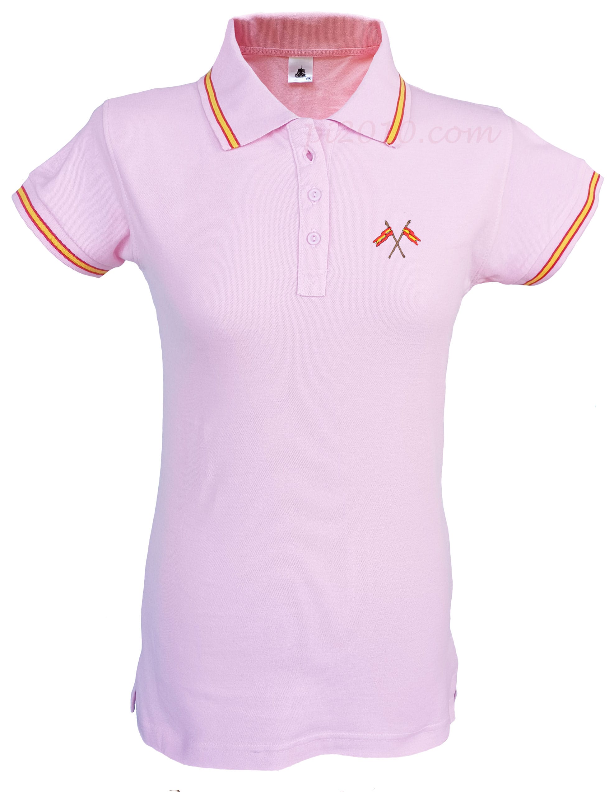 Polo mujer rosa con banderas de España bordadas en pecho. Polo con bandera de España en cuello y mangas