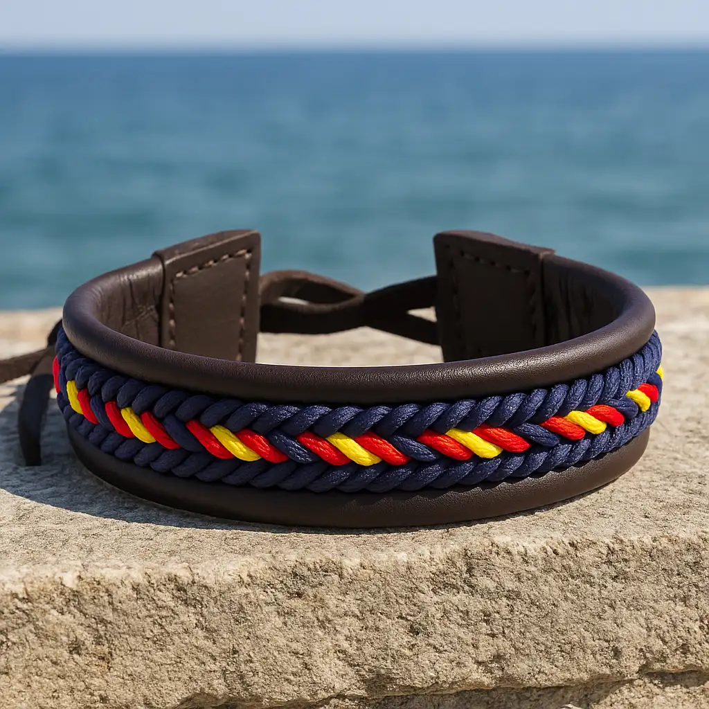 Pulsera piel con bandera España trenzada vista al aire libre