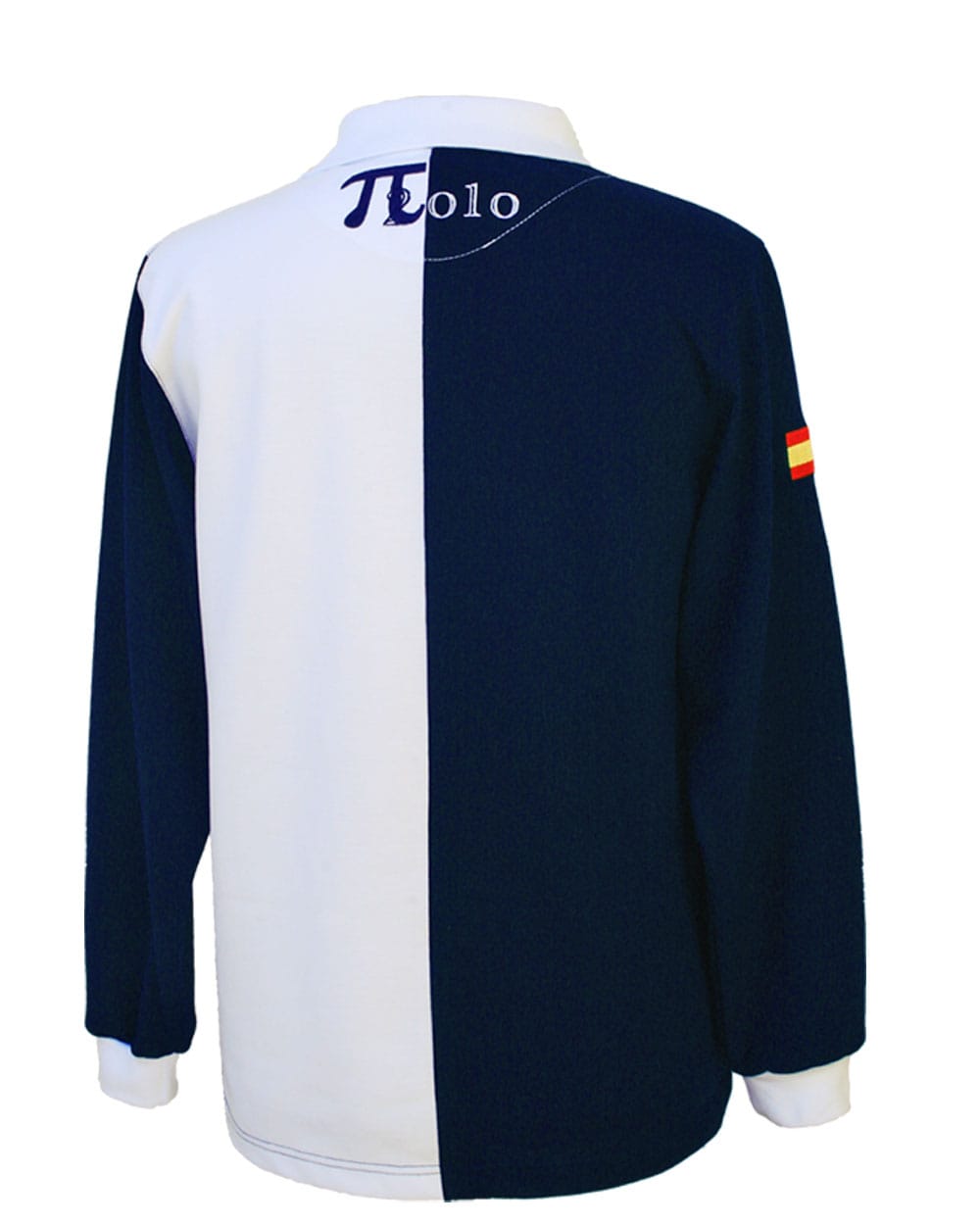 Espalda del Polo bandera España Salinas bicolor marino y blanco sobre fondo blanco