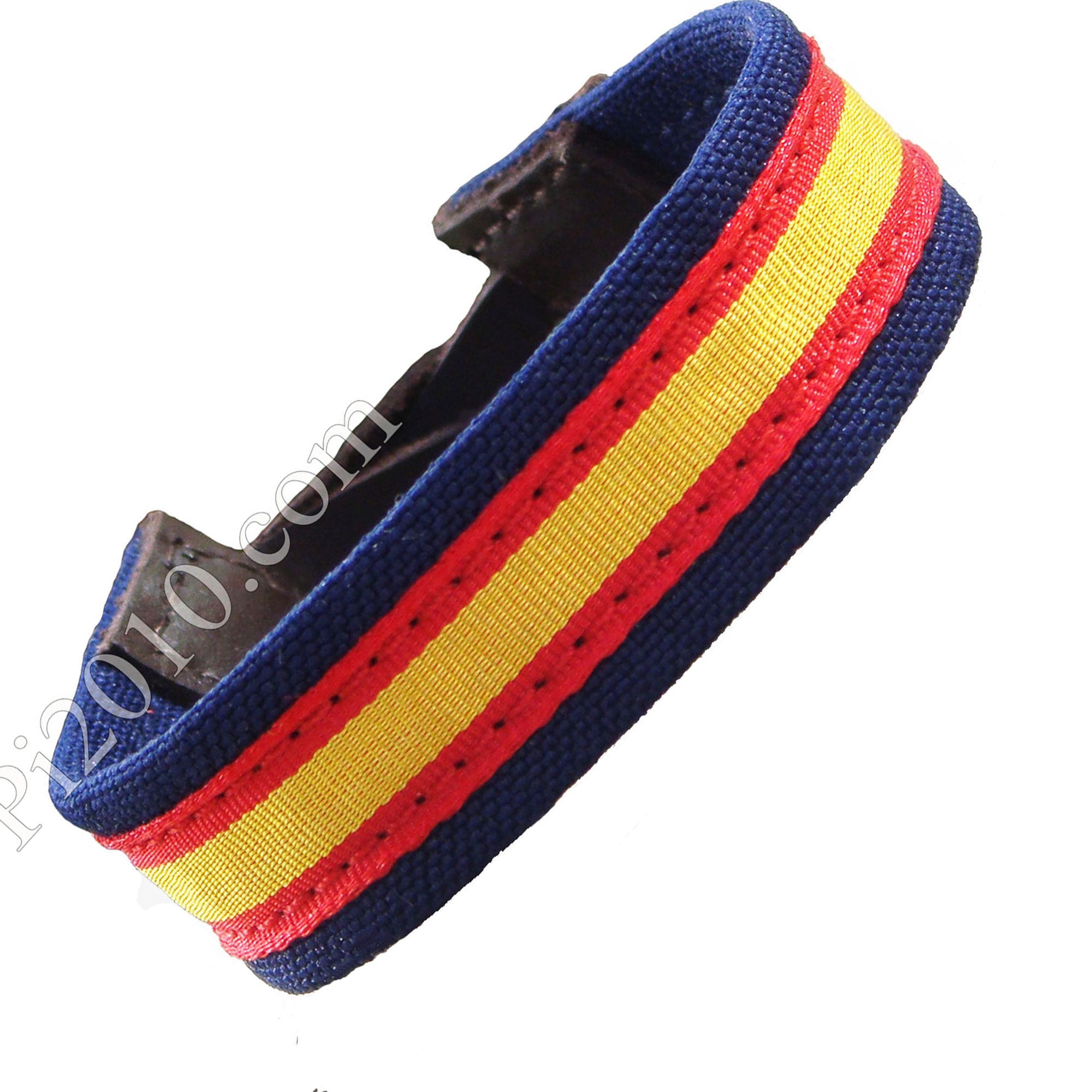 Pulsera de tela azul marino con cinta de bandera de España. Hecha a mano en España