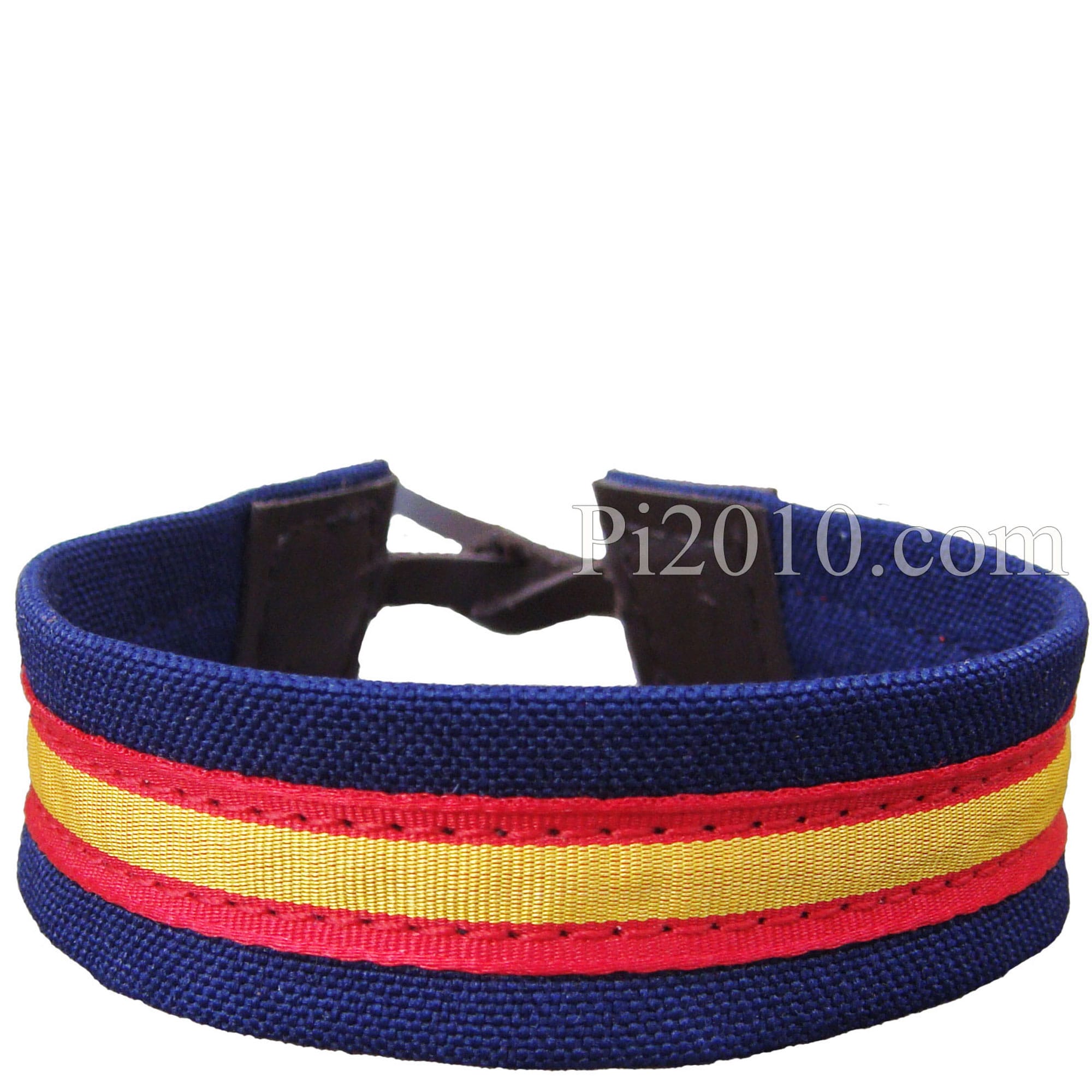 Pulsera ancha de tela azul marino con cinta de bandera de España. Hecha a mano en España