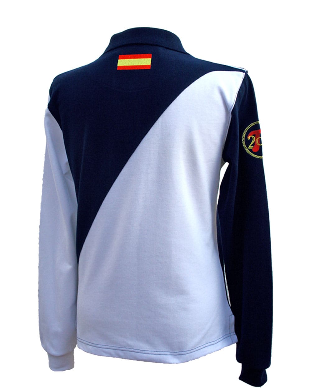 Polo marino y blanco mujer con la bandera de España. Fabricado en España