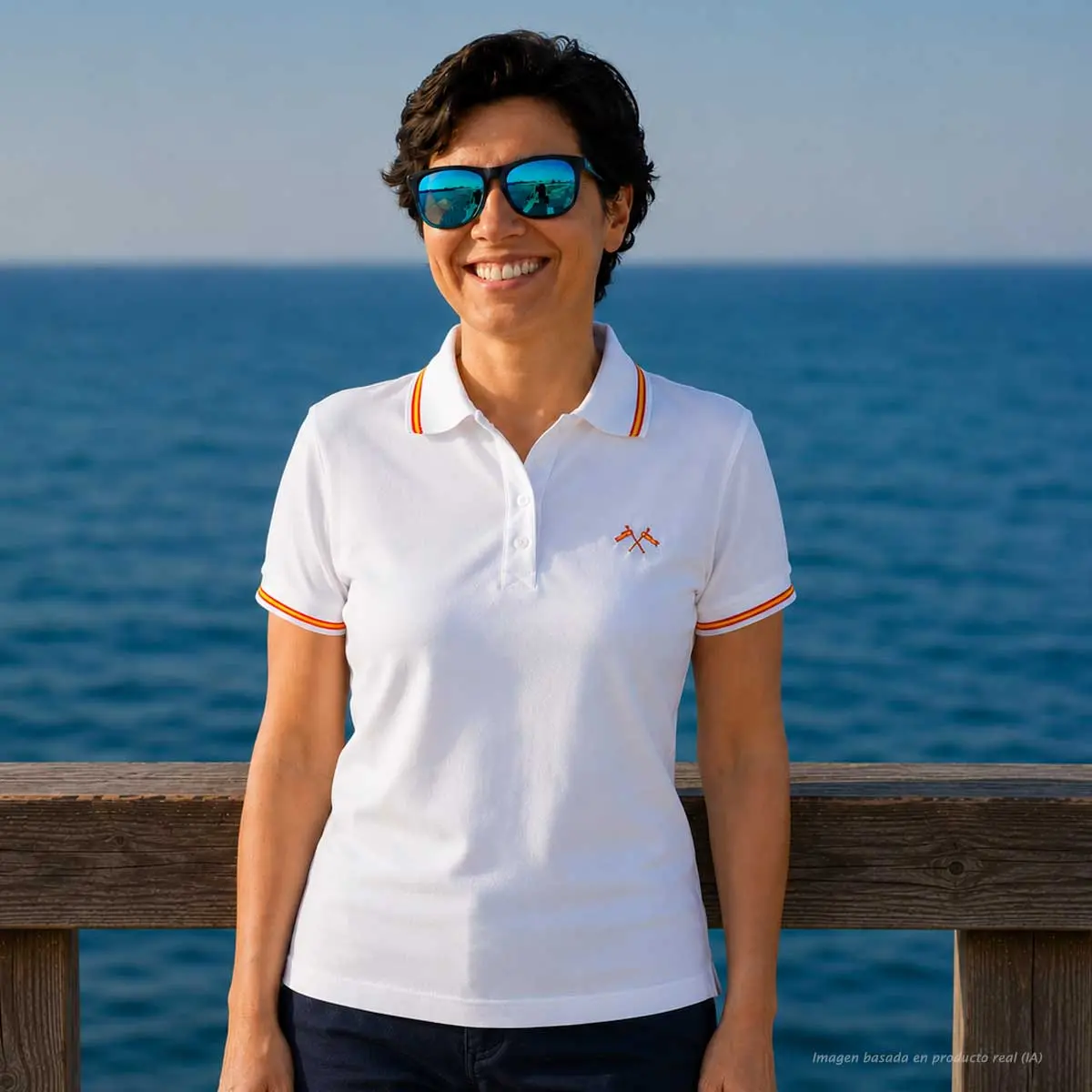 Polo blanco mujer con dos banderas de España cruzadas bordadas