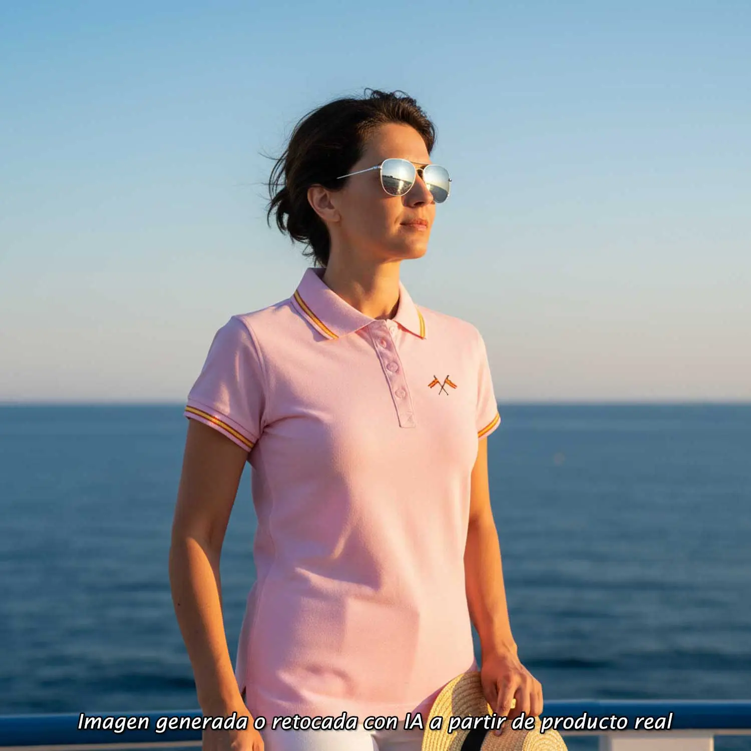 Polo bandera de España rosa mujer con dos banderas cruzadas bordadas en el pecho