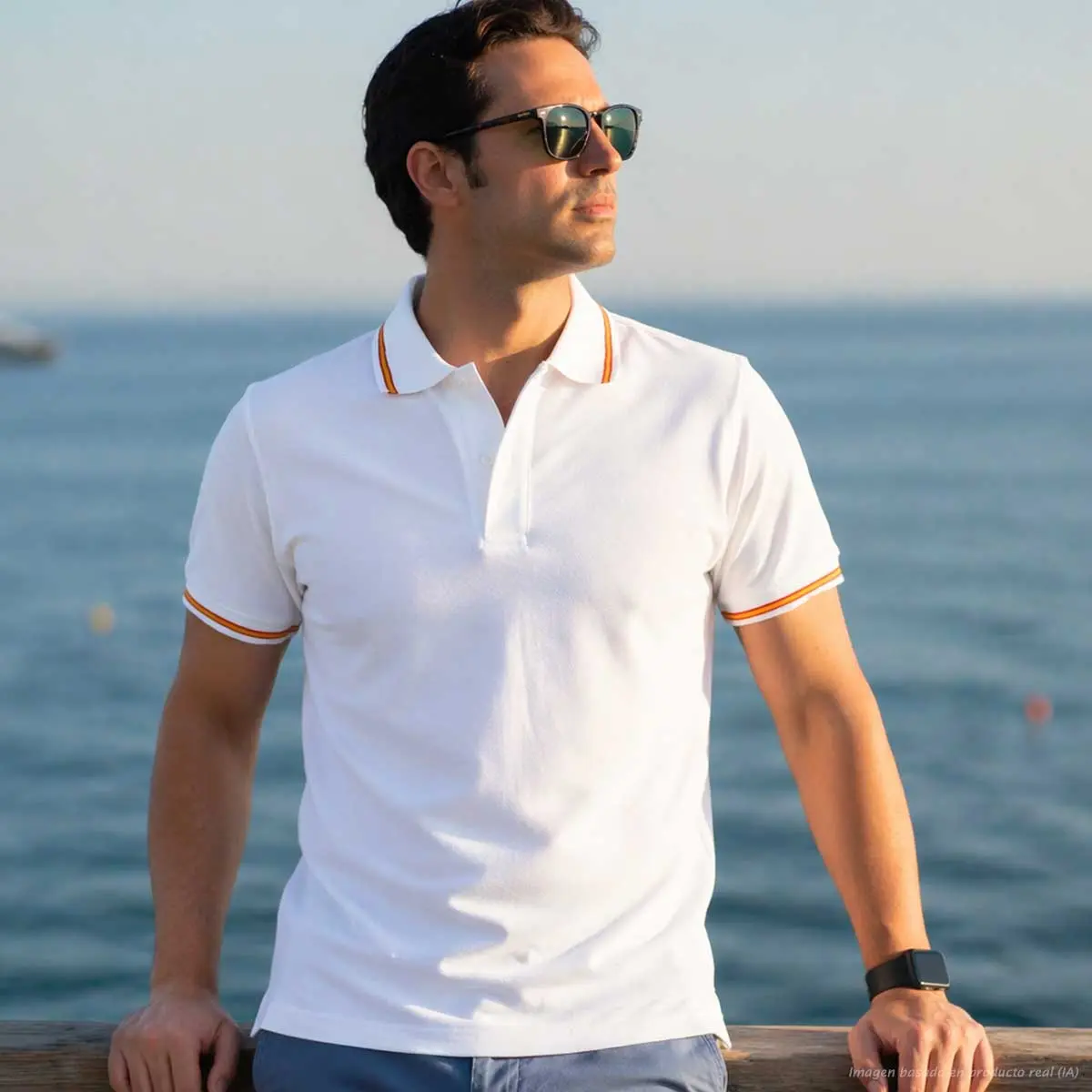 polo blanco hombre con bandera de España en cuello y mangas
