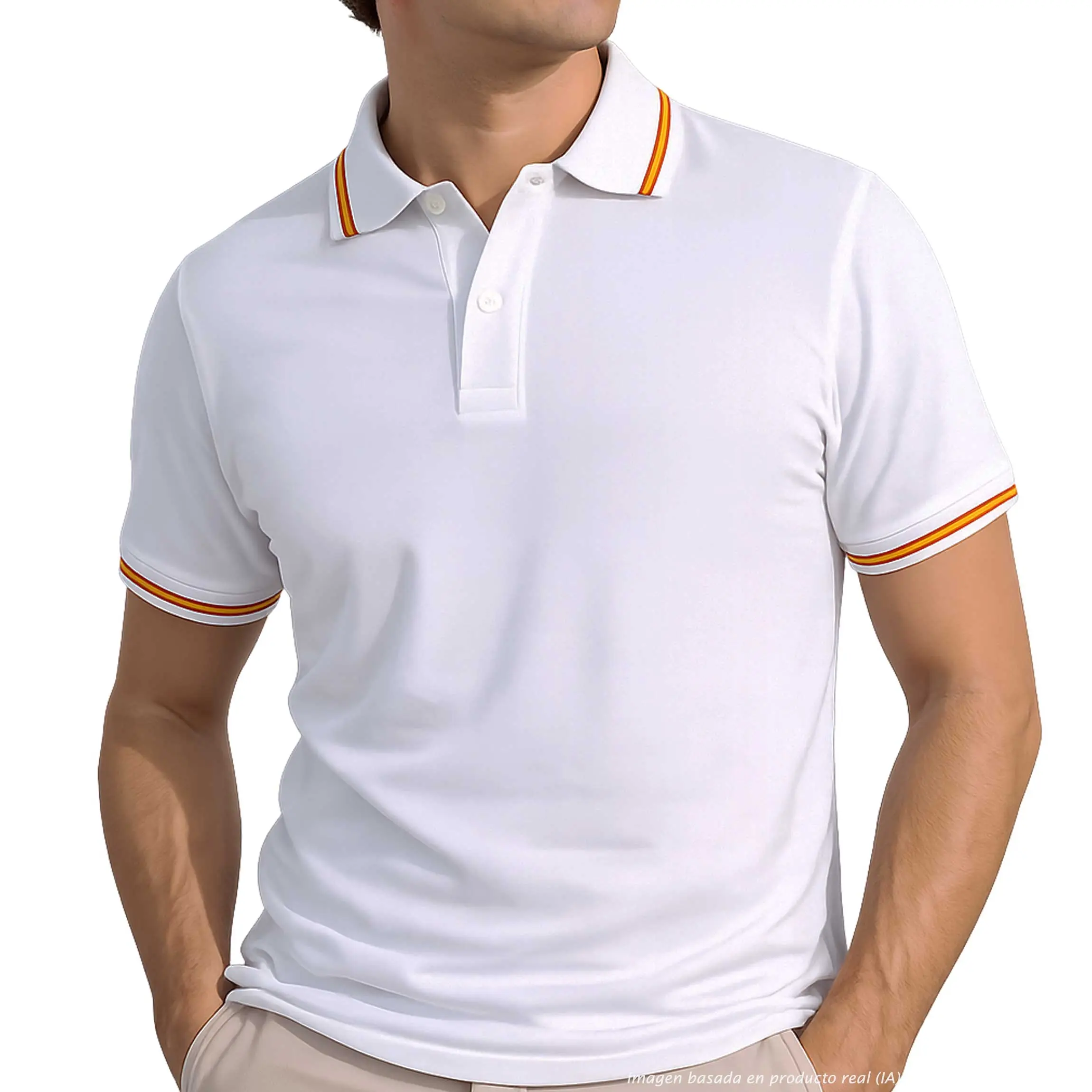 polo blanco con bandera de España en cuello y mangas look completo
