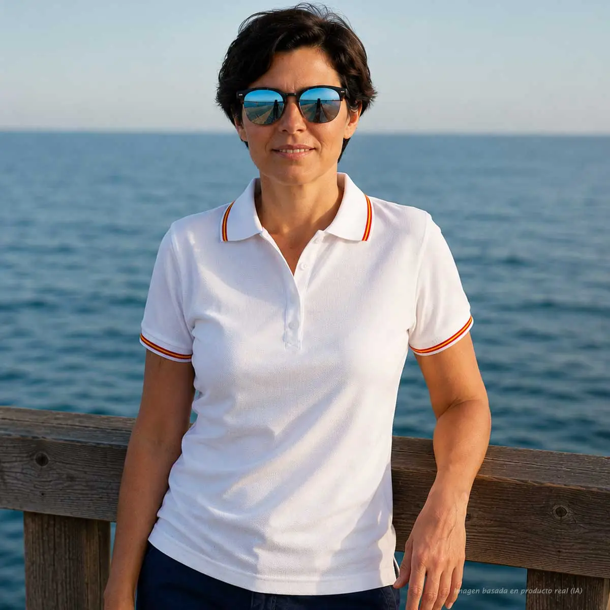 Polo blanco mujer con bandera de España en cuello y mangas