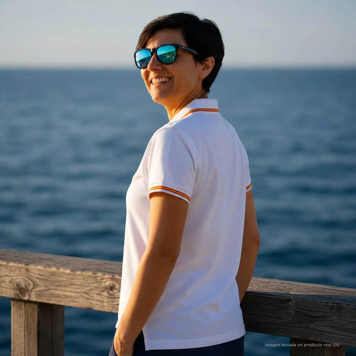 Polo blanco mujer con bandera de España en cuello y mangas espalda
