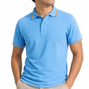 polo celeste con bandera de España en cuello y mangas hombre frontal