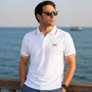 polo blanco cruz de borgoña hombre look verano elegante con mar