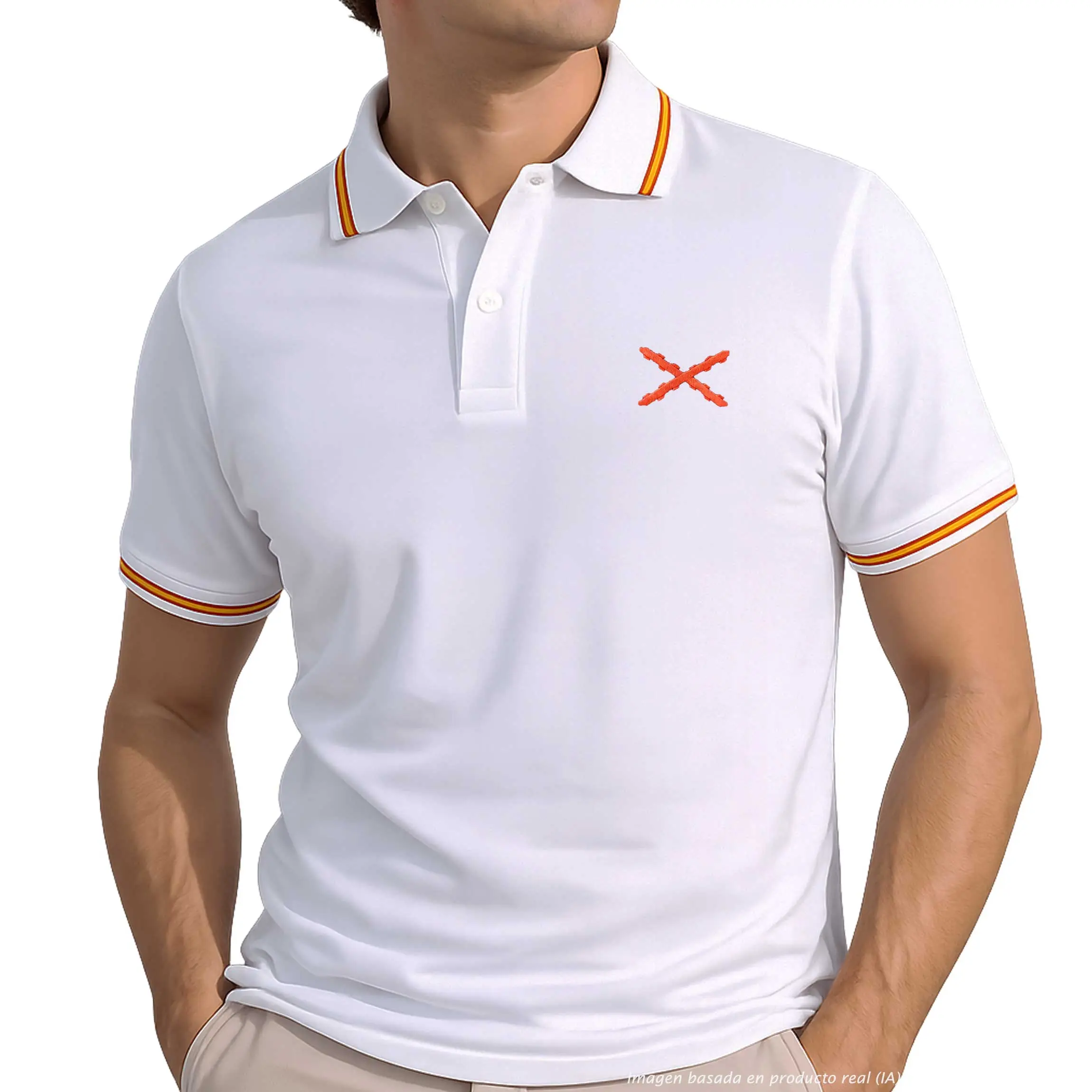 polo blanco cruz de borgoña hombre con bandera de españa en cuello y mangas