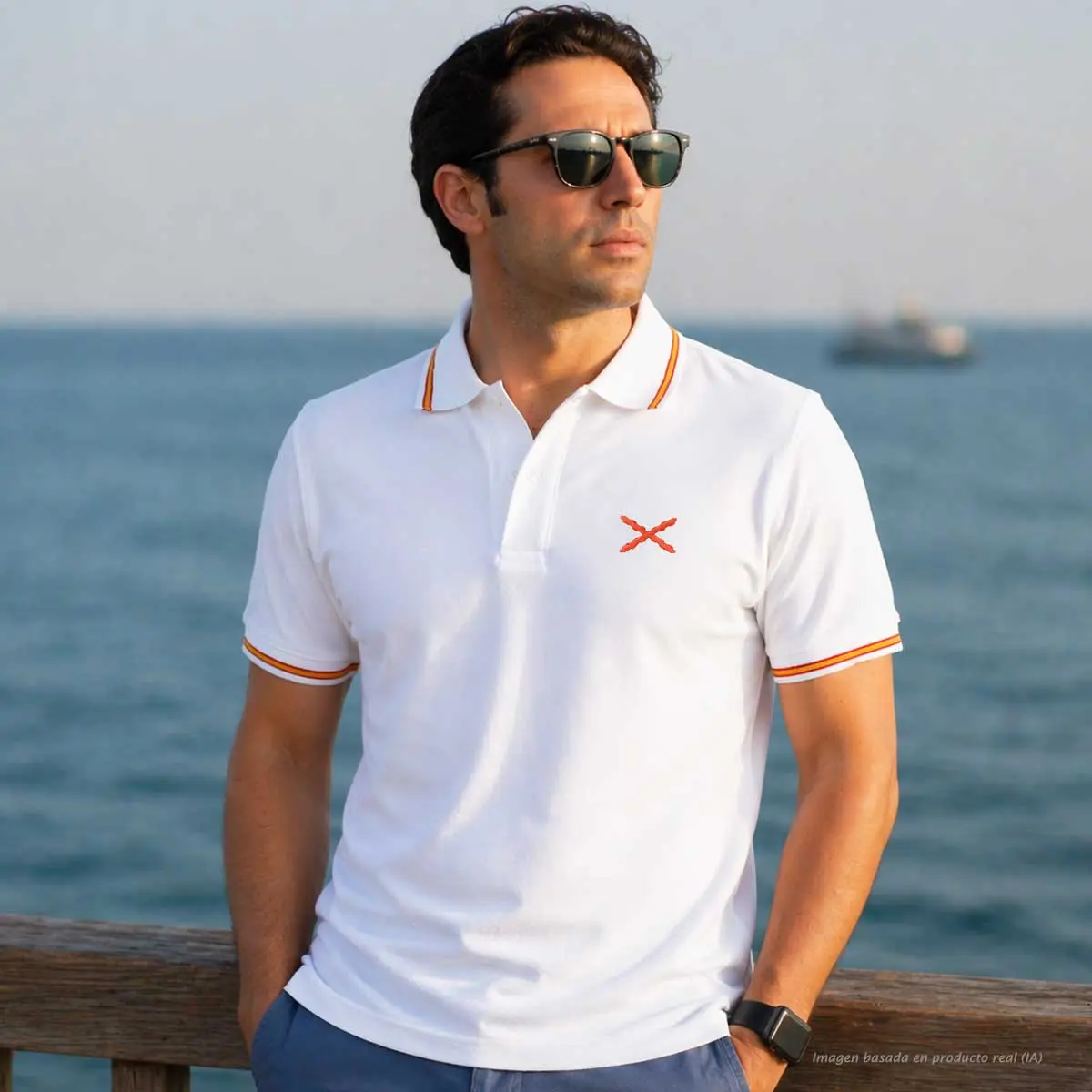 polo blanco cruz de borgoña hombre look verano elegante con mar