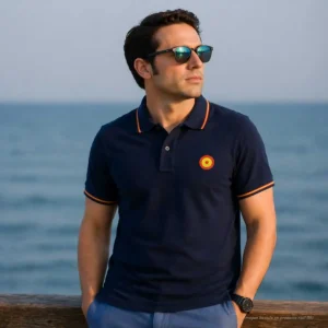 polo escarapela españa marino hombre con bandera de España en cuello y mangas
