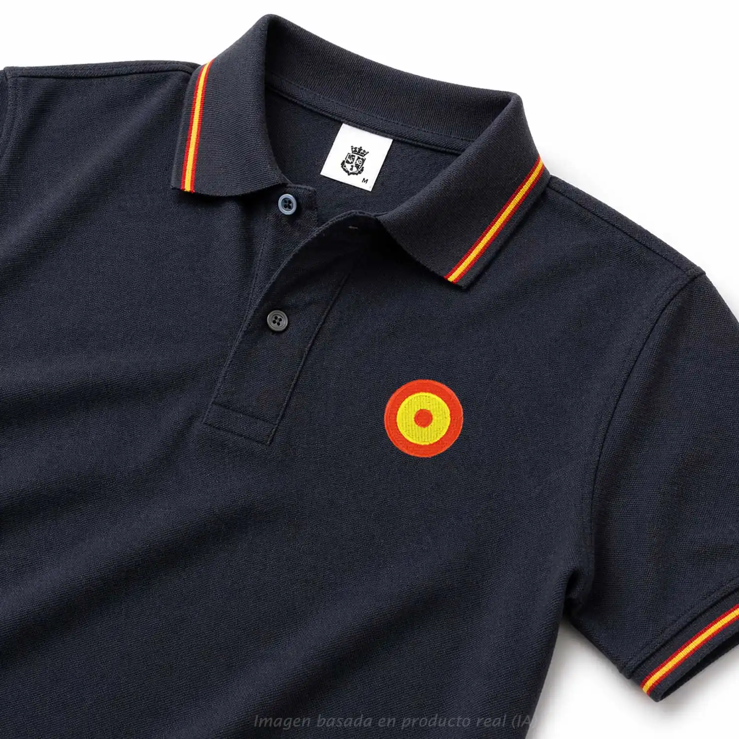 polo escarapela españa negro hombre con bandera en cuello y mangas