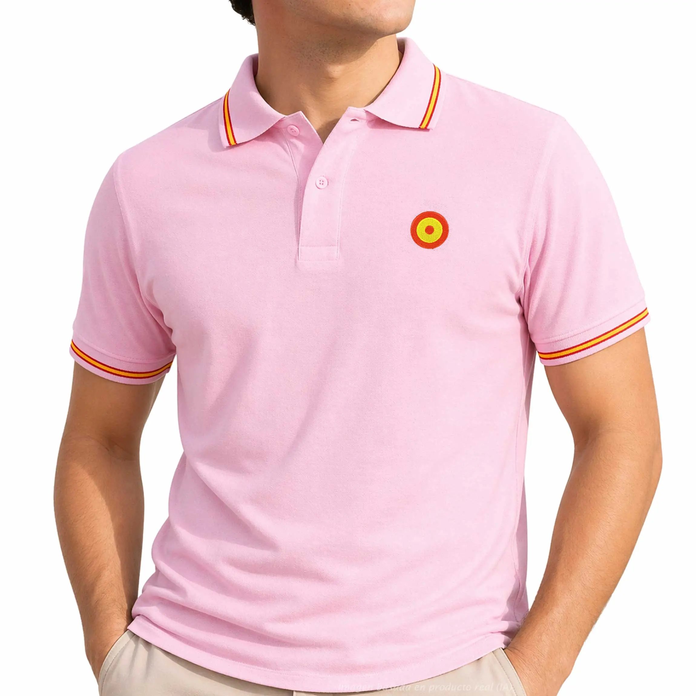 polo España rosa hombre con escarapela en modelo sobre fondo blanco