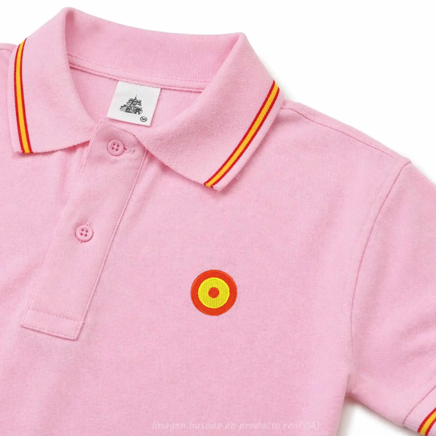 polo rosa hombre con escarapela de España y bandera en cuello y mangas