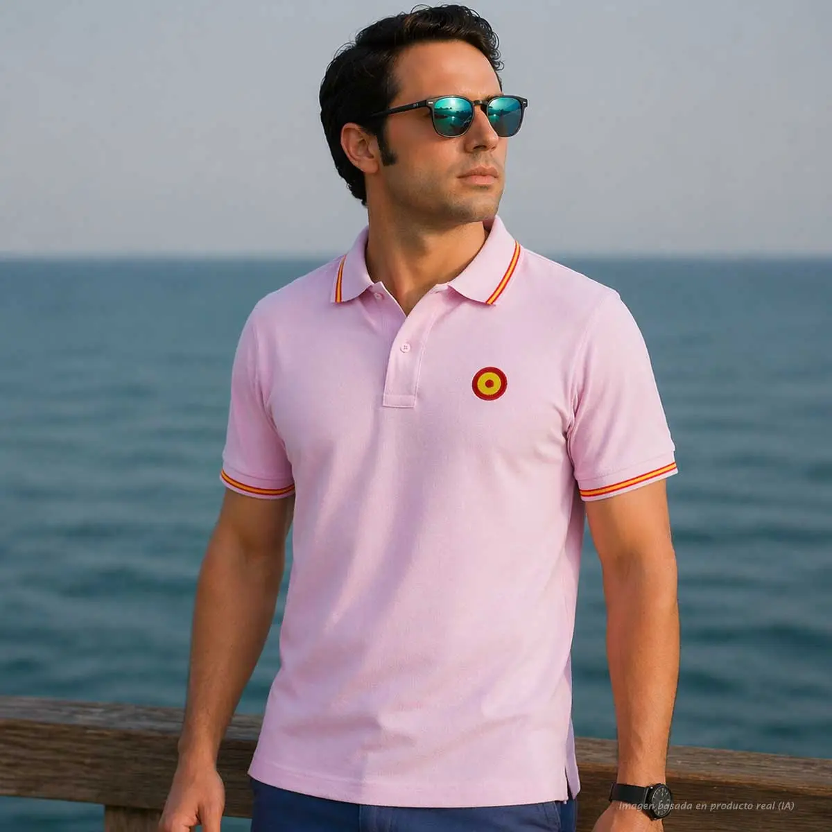 polo rosa con escarapela España hombre puesto en look verano