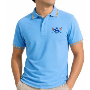 polo escuadrón escolta real celeste hombre con bandera de España en cuello y mangas