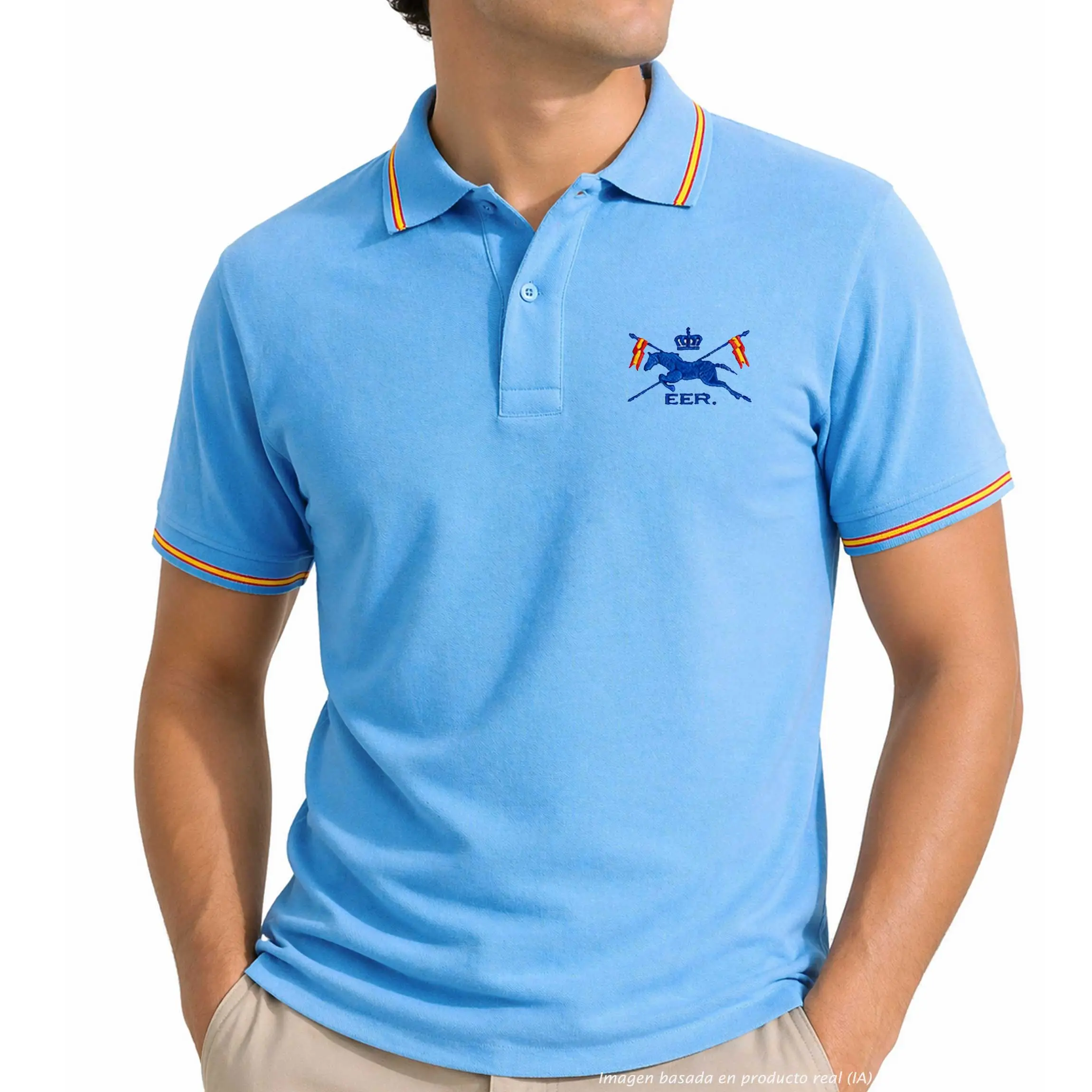 polo escuadrón escolta real celeste hombre con bandera de España en cuello y mangas