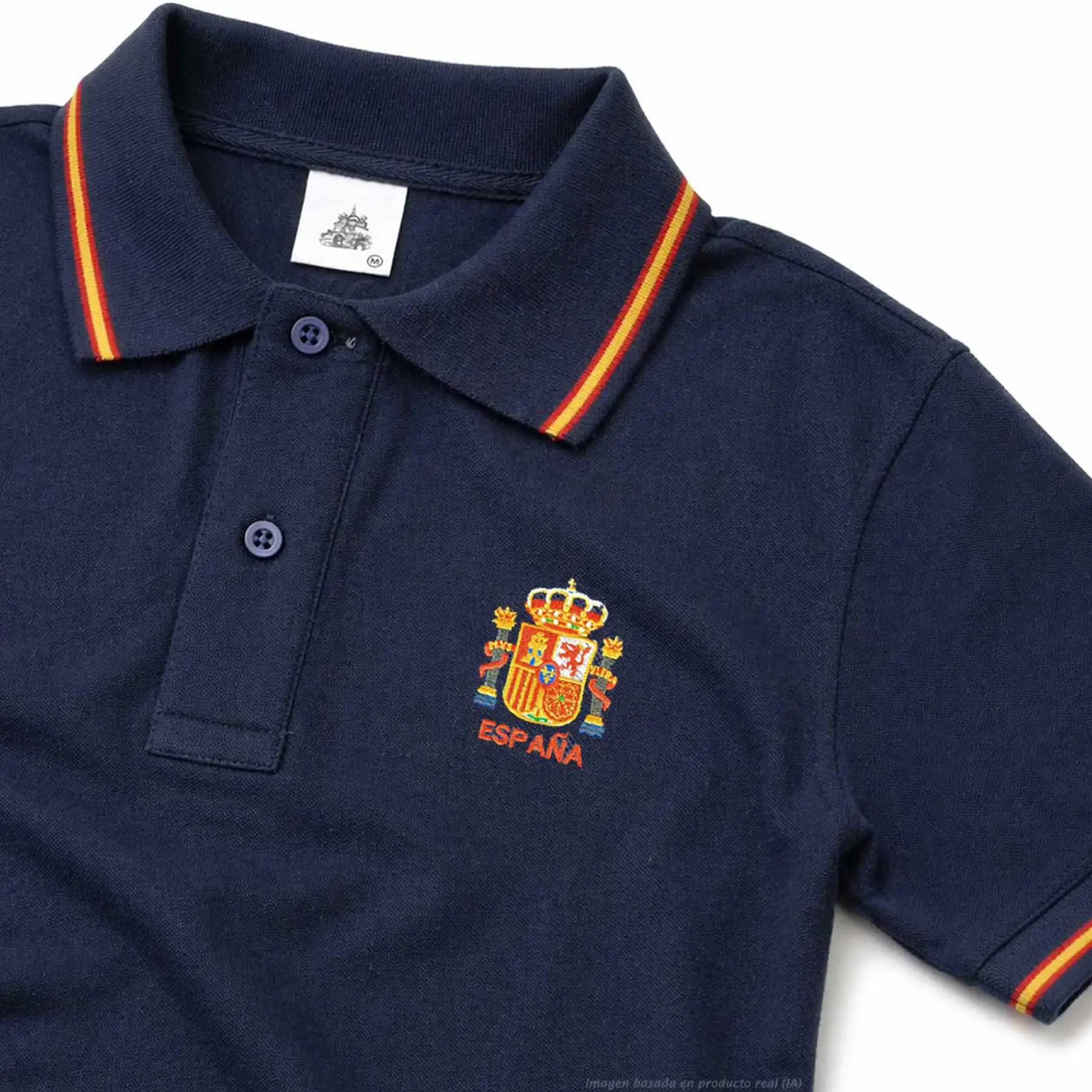 polo marino escudo de España hombre con bandera de España en cuello y mangas