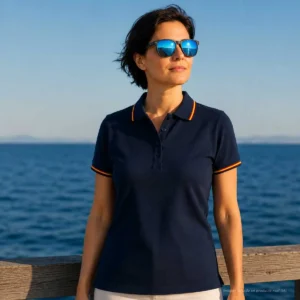 Polo marino mujer con bandera de España en cuello y mangas vista frontal