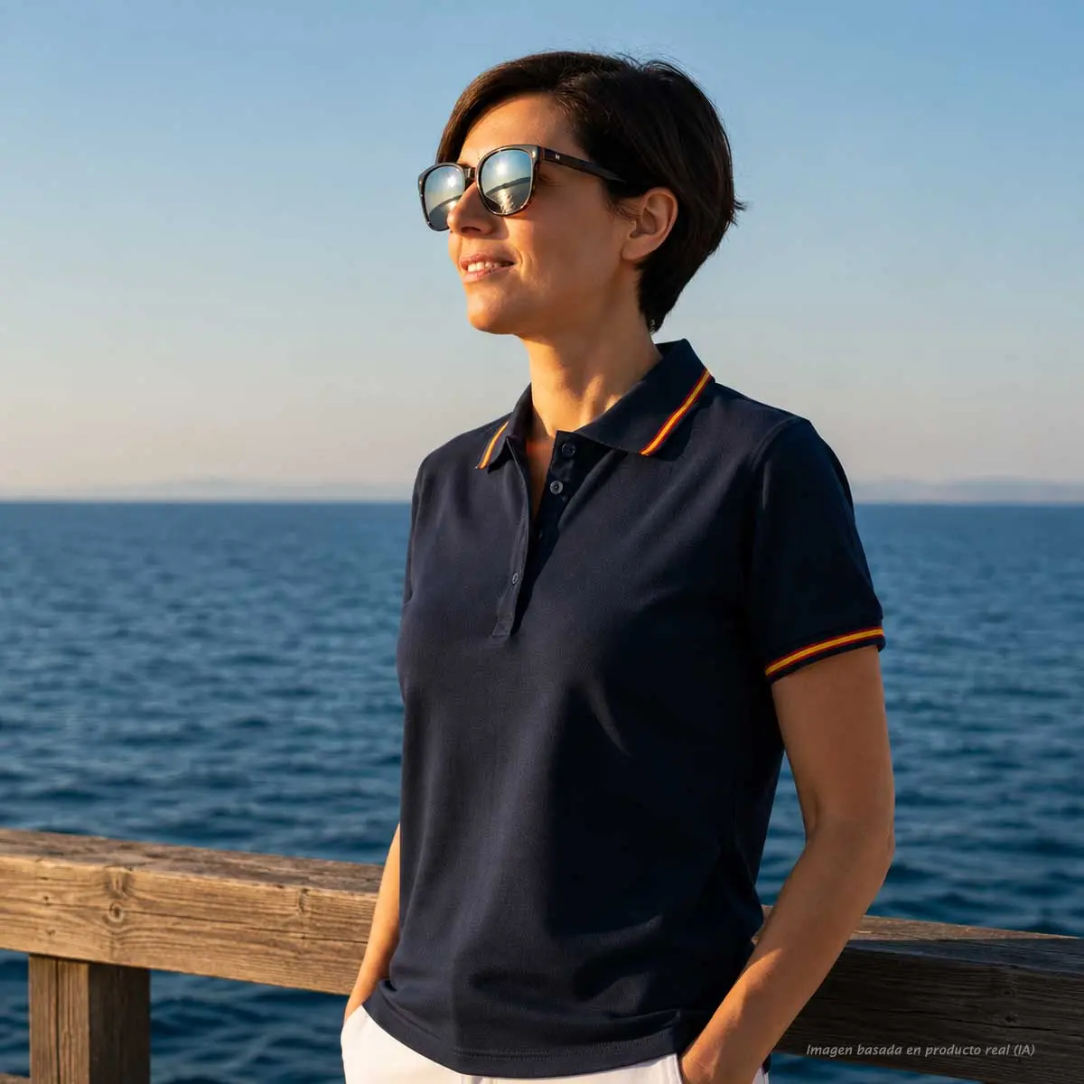 Polo marino mujer con bandera de España en cuello y mangas vista lateral