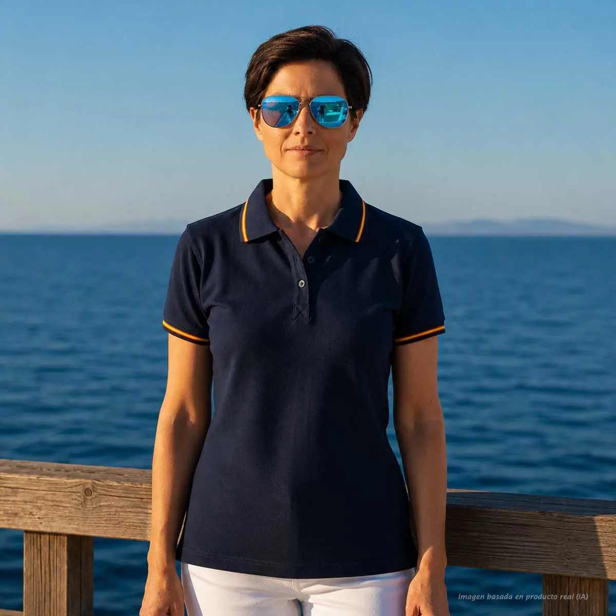 Polo marino mujer con bandera de España en cuello y mangas detalle frontal