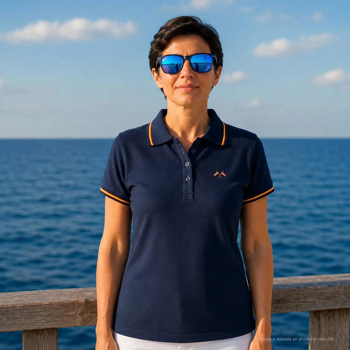Polo marino mujer con dos banderas de España cruzadas bordadas en el pecho y bandera integrada en cuello y bocamangas