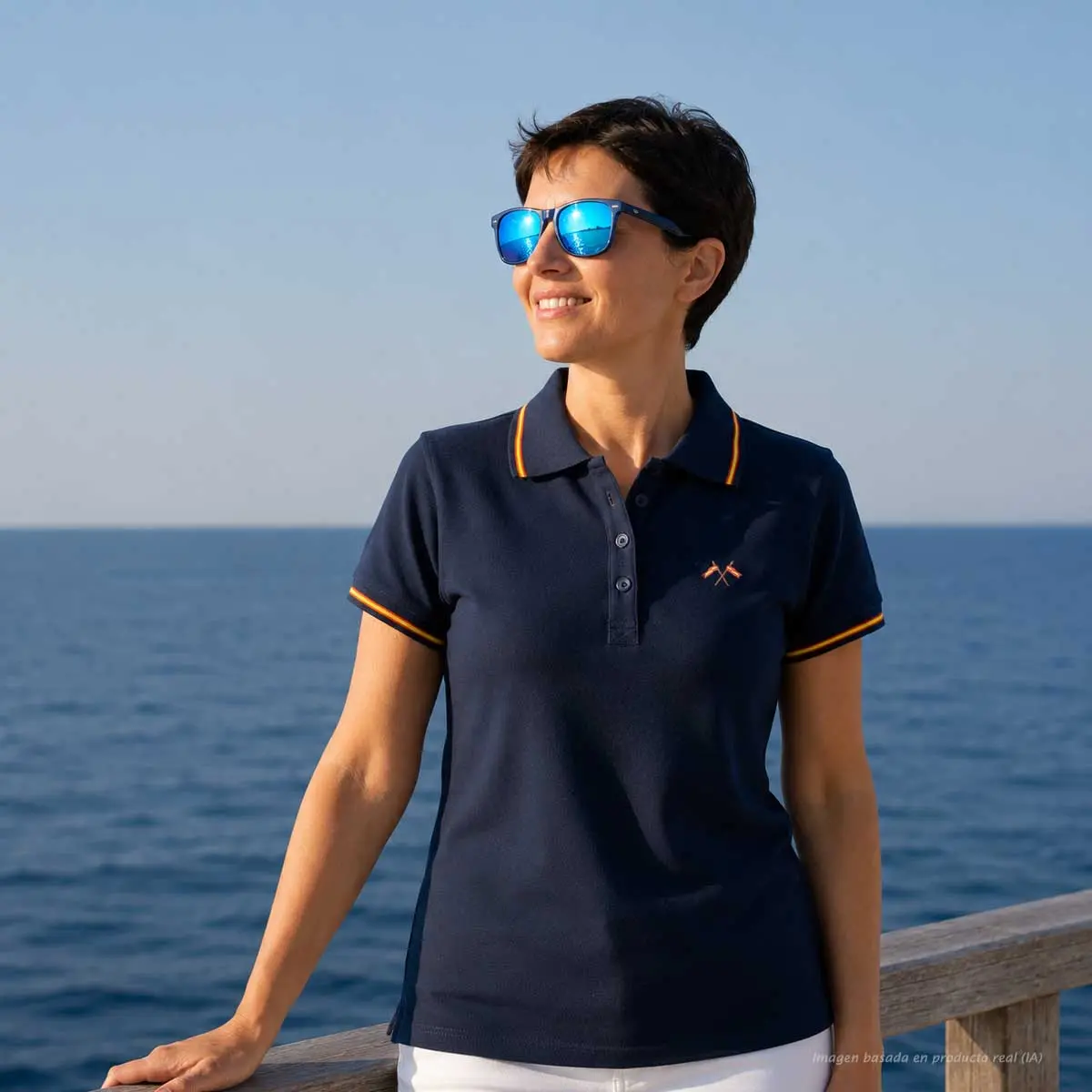 Polo marino mujer con banderas cruzadas de España bordadas en el pecho y bandera integrada en cuello y mangas