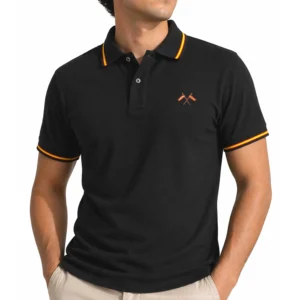 polo negro con banderas de España cruzadas frontal