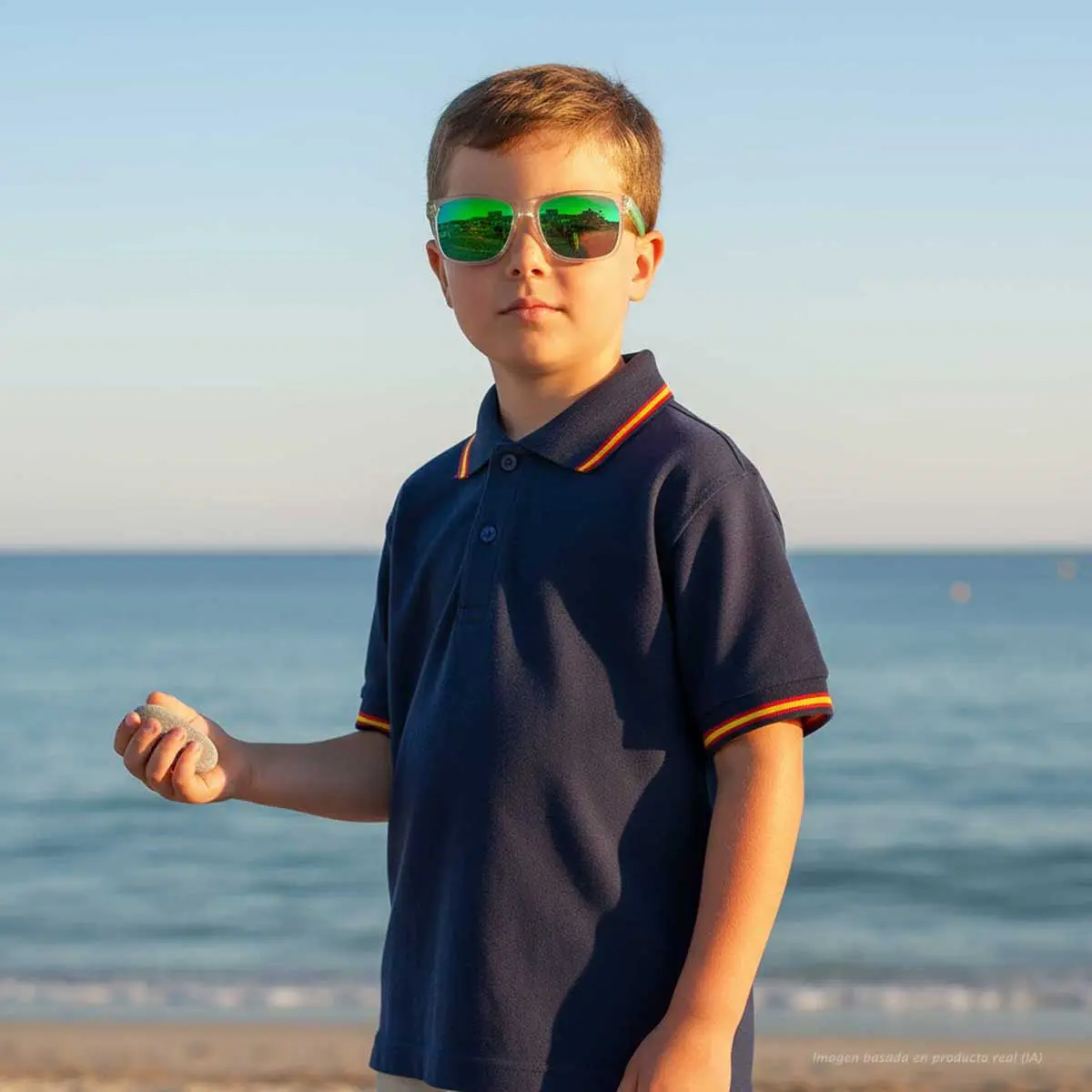 Polo niño marino con bandera de España en cuello y mangas