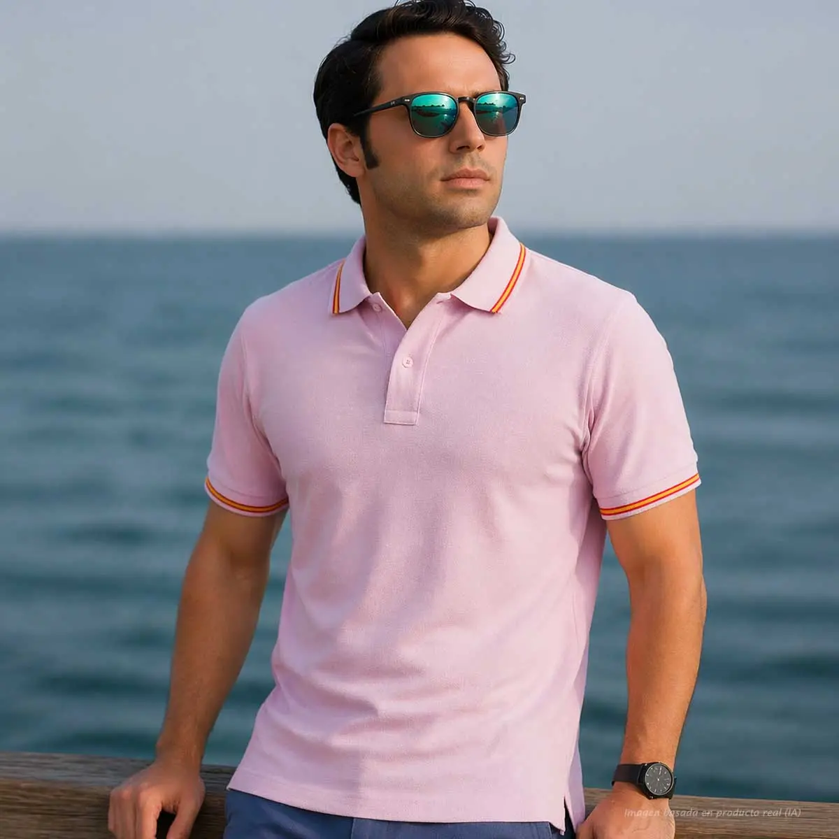 polo rosa hombre con bandera de España en cuello y mangas