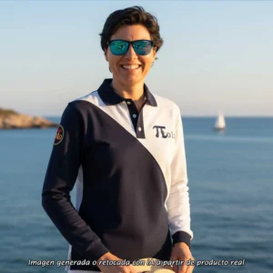 Polo Tortosa España de mujer con diseño bicolor marino y blanco y logo PI2010 bordado