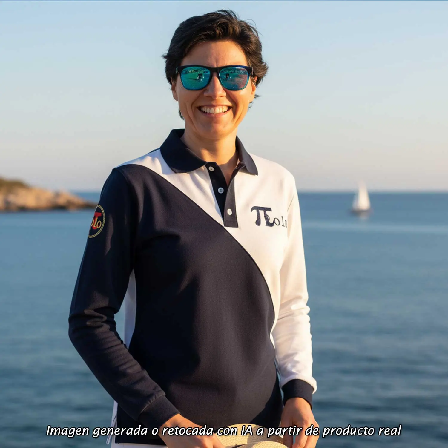 Polo Tortosa España de mujer con diseño bicolor marino y blanco y logo PI2010 bordado