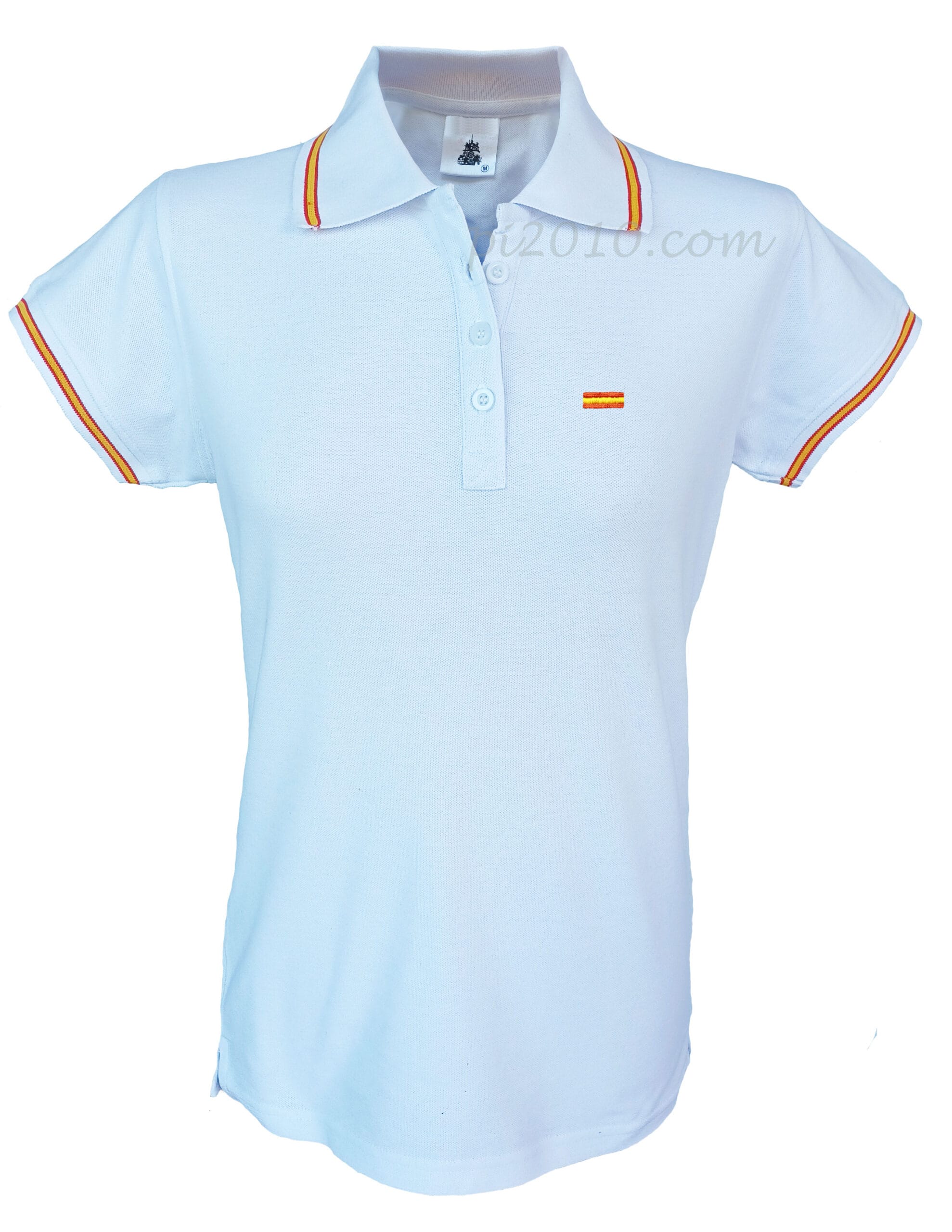Polo blanco mujer bordado de bandera de España en pecho. Bandera de España en cuello y mangas