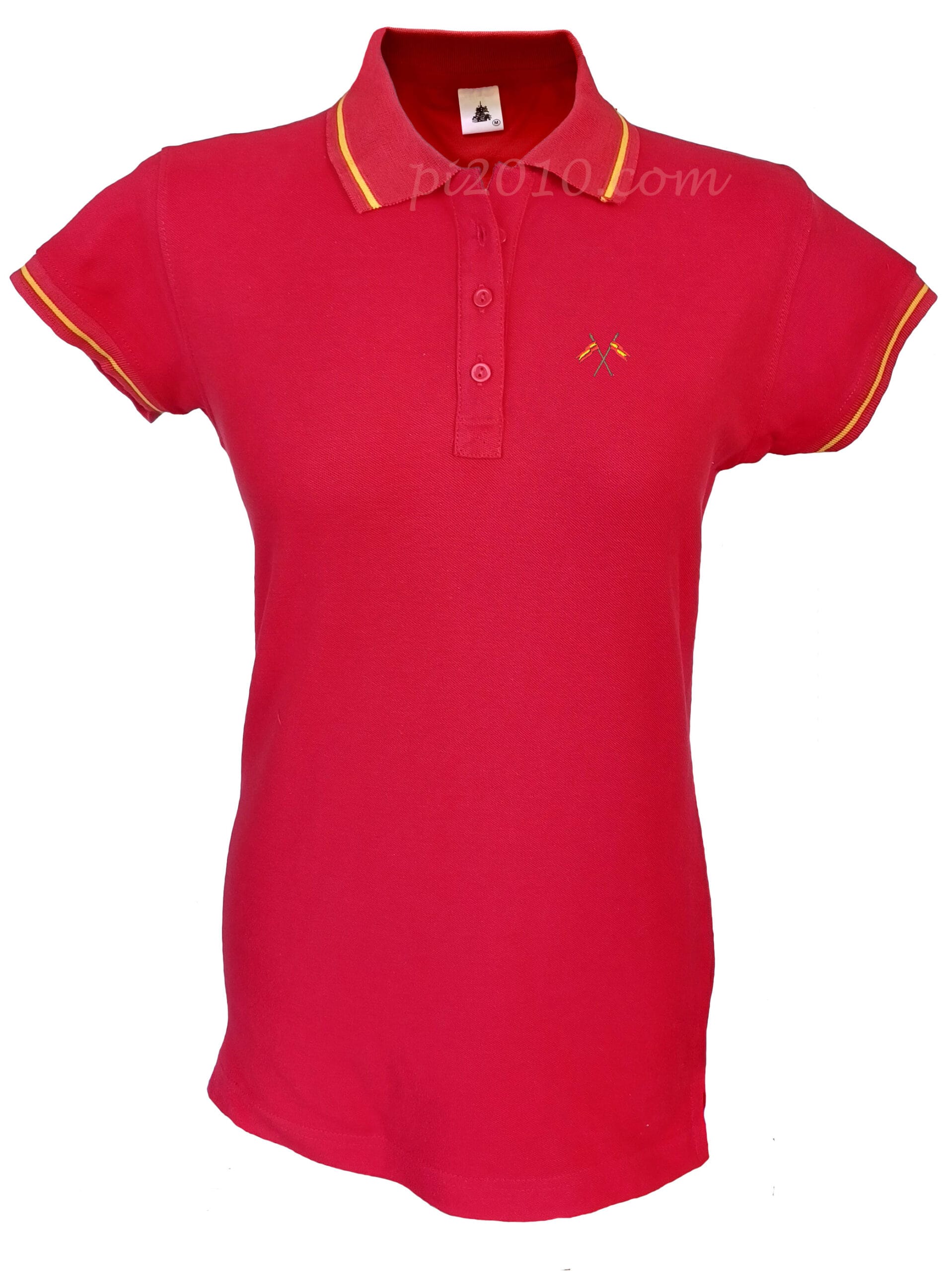 Polo rojo mujer con bordado banderas de España en pecho. Bandera de España en cuello y mangas