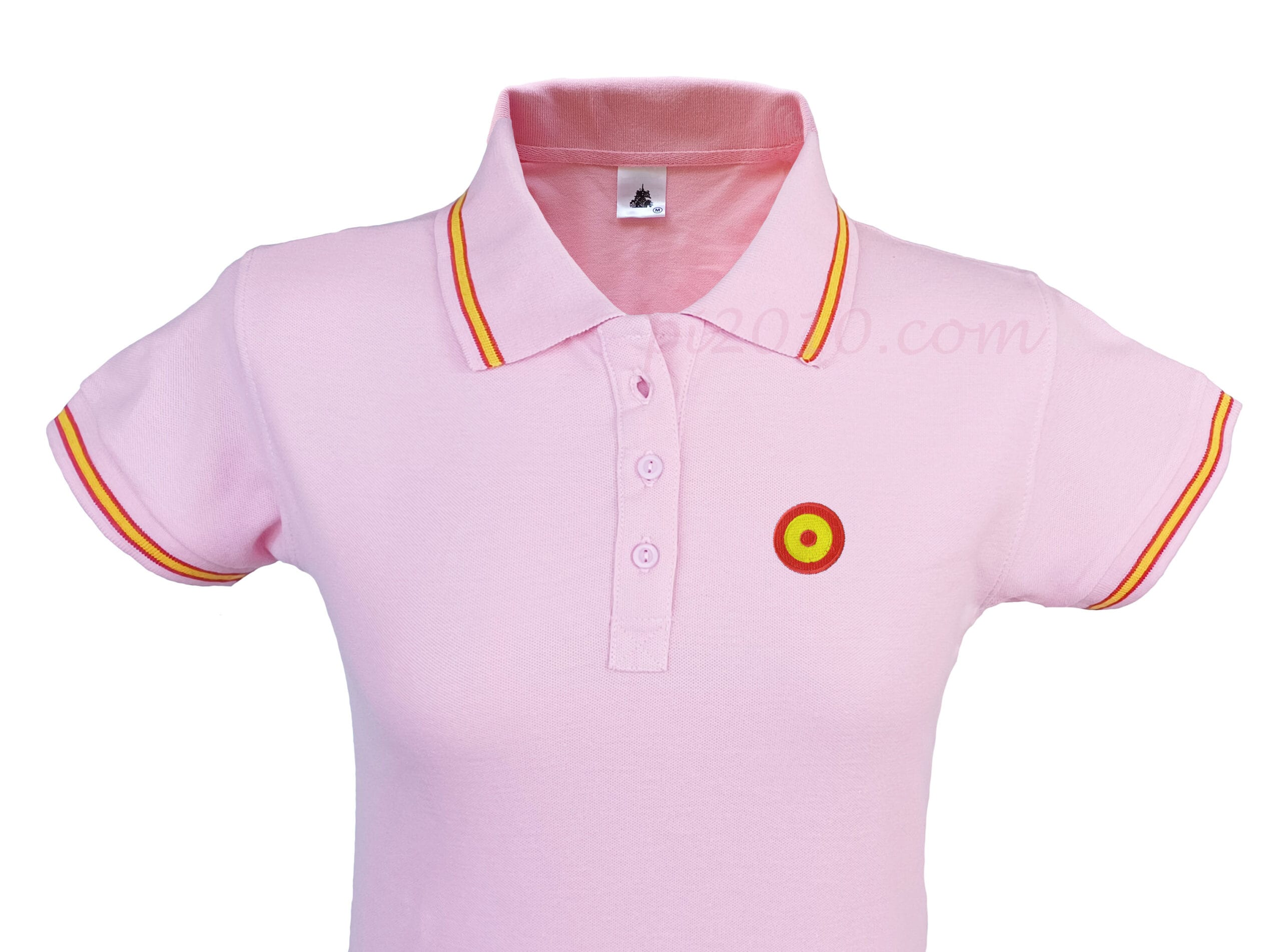 Polo Escarapela Aeronáutica mujer rosa. Polo con la bandera de España en cuello y mangas
