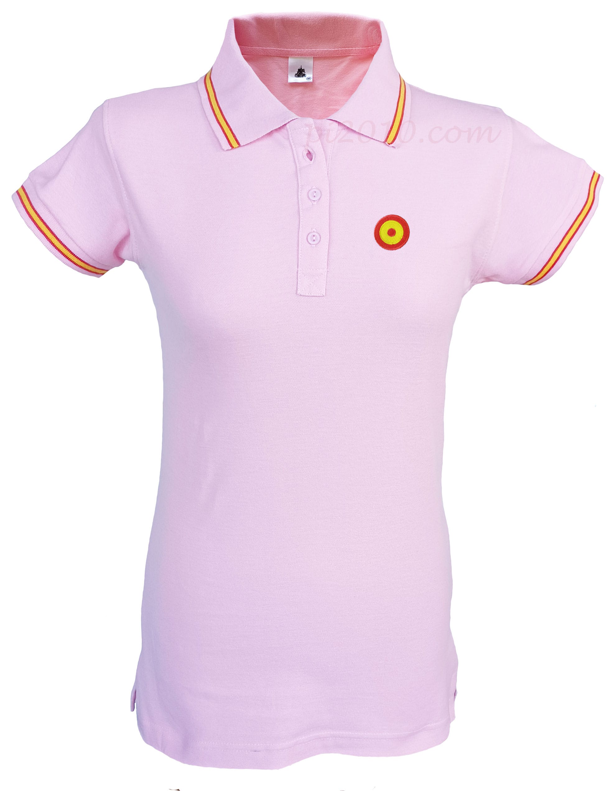 Polo Escarapela Aeronáutica mujer rosa. Polo con la bandera de España en cuello y mangas