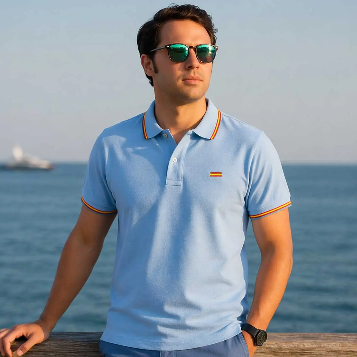 Polo celeste con bandera de España bordada hombre