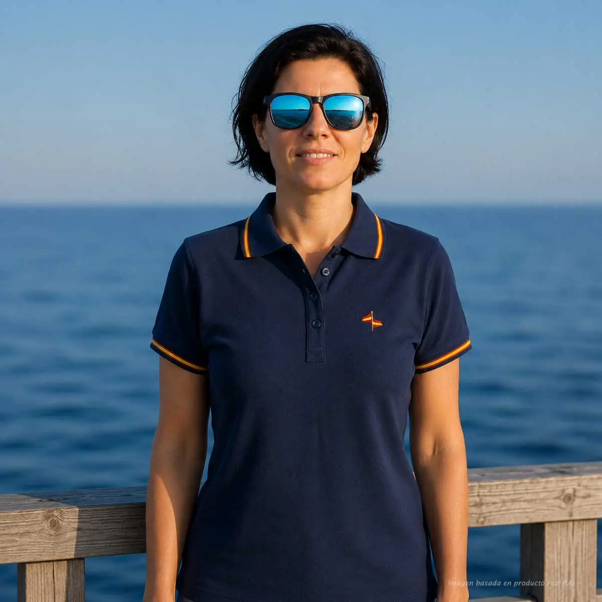 Polo marino con banderas de España en mástil mujer vista frontal