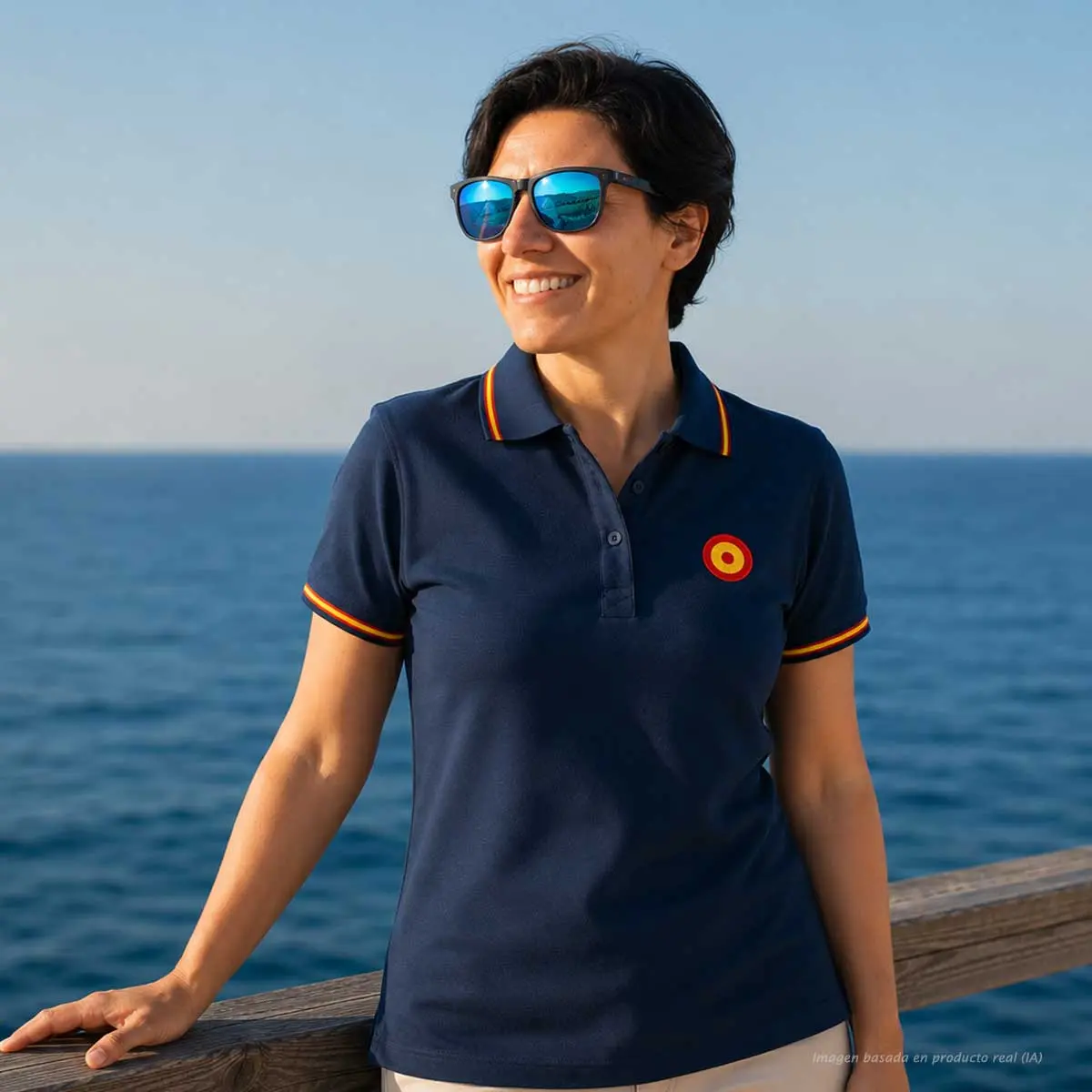 Polo Escarapela marino mujer vista lateral con escarapela bordada