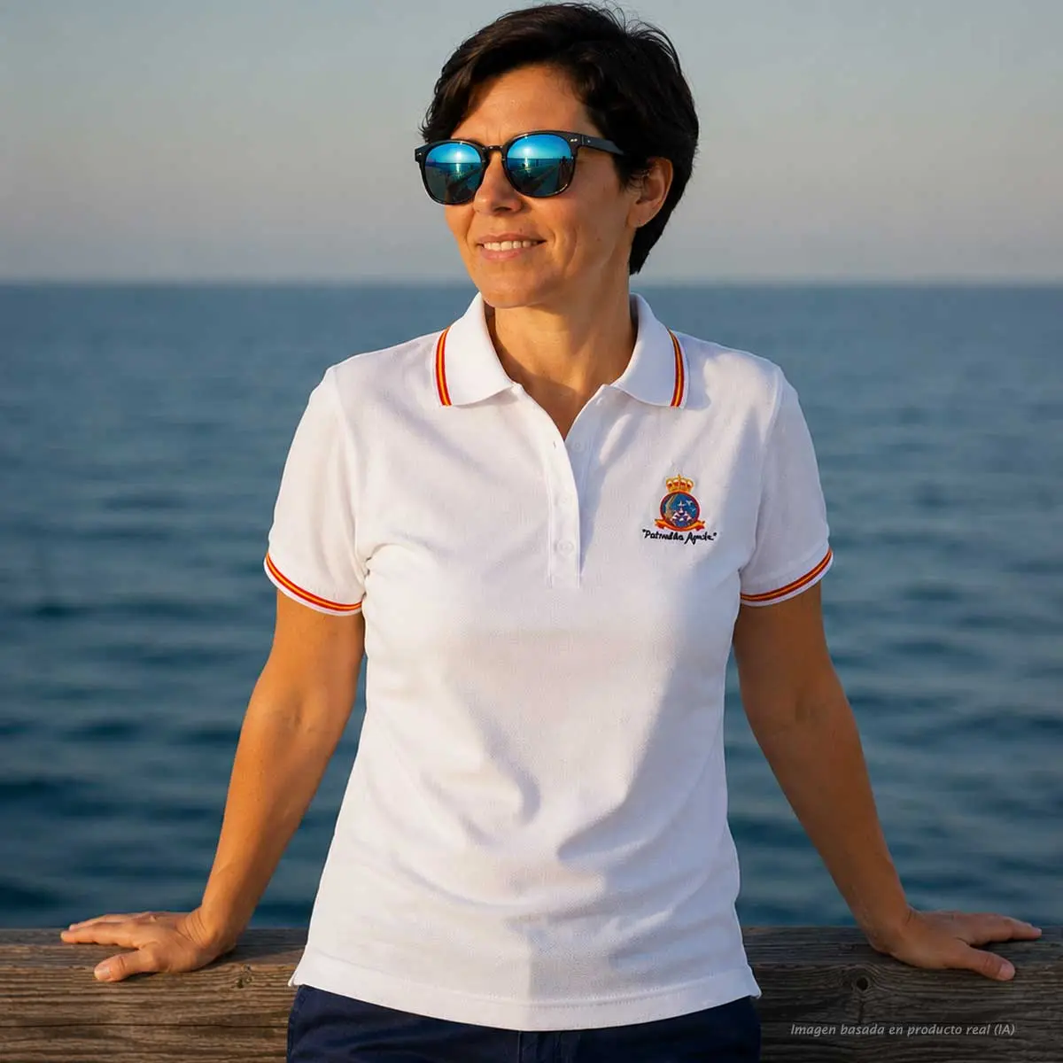 Polo Patrulla Águila blanco mujer vista frontal con emblema bordado